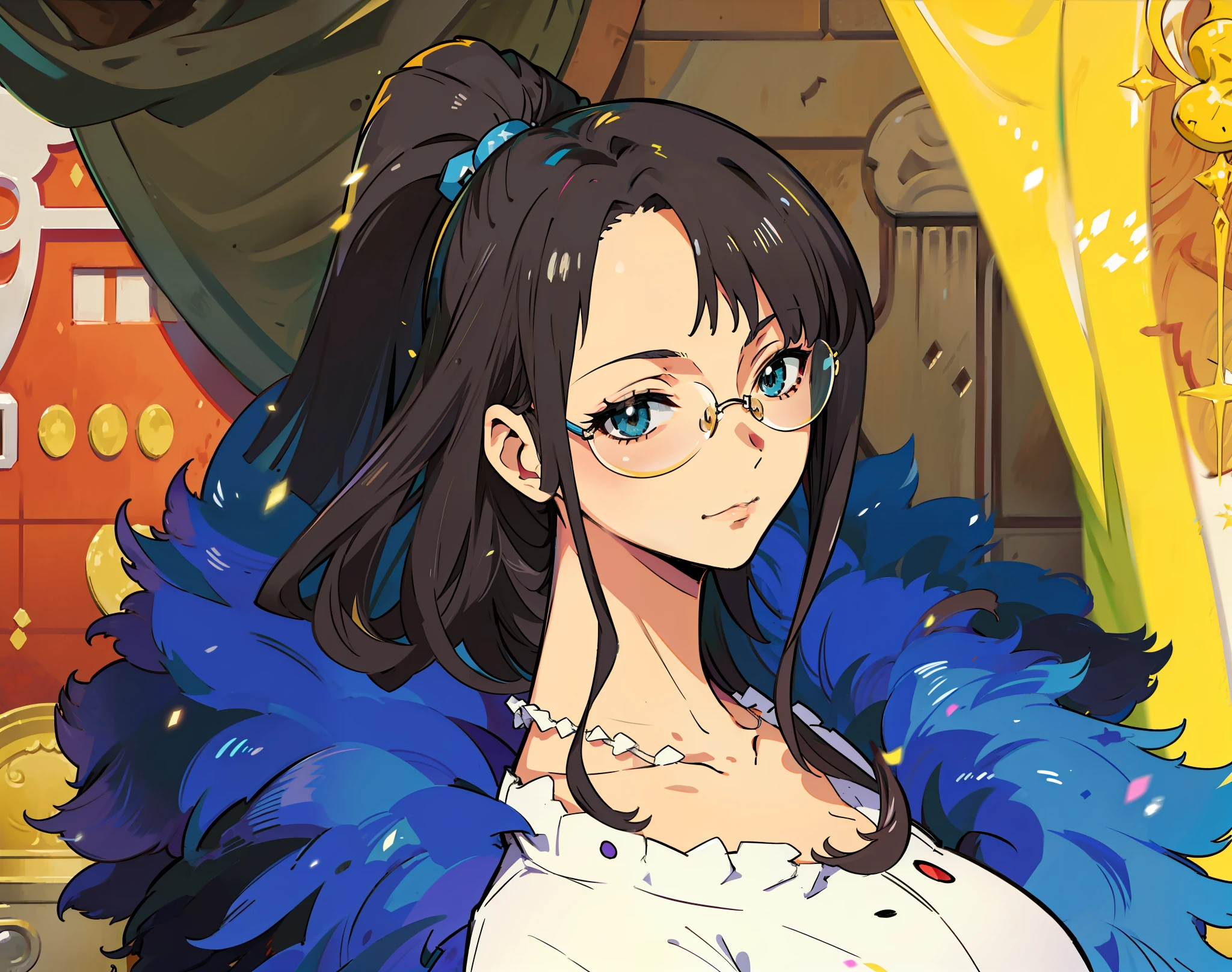 anime image of a woman with glasses and a blue dress, Nico Robin, from one piece, visual anime de uma jovem mulher, Maya Fey, da Ace Attorney, como um personagem de anime, Maya Takamura, peitudas negras - mago peludo, Sui Ishida com cabelo preto, Personagem anime feminino, Marin Kitagawa Fanart, Omina Tachibana, oda non, arte oficial