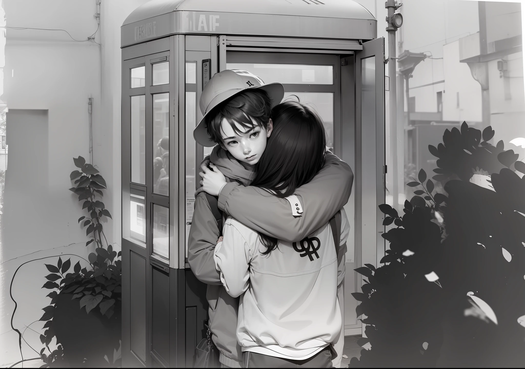 A boy and a girl hugging in front of a phone booth，There is a trash can next to it，Behind is a lot of street views，