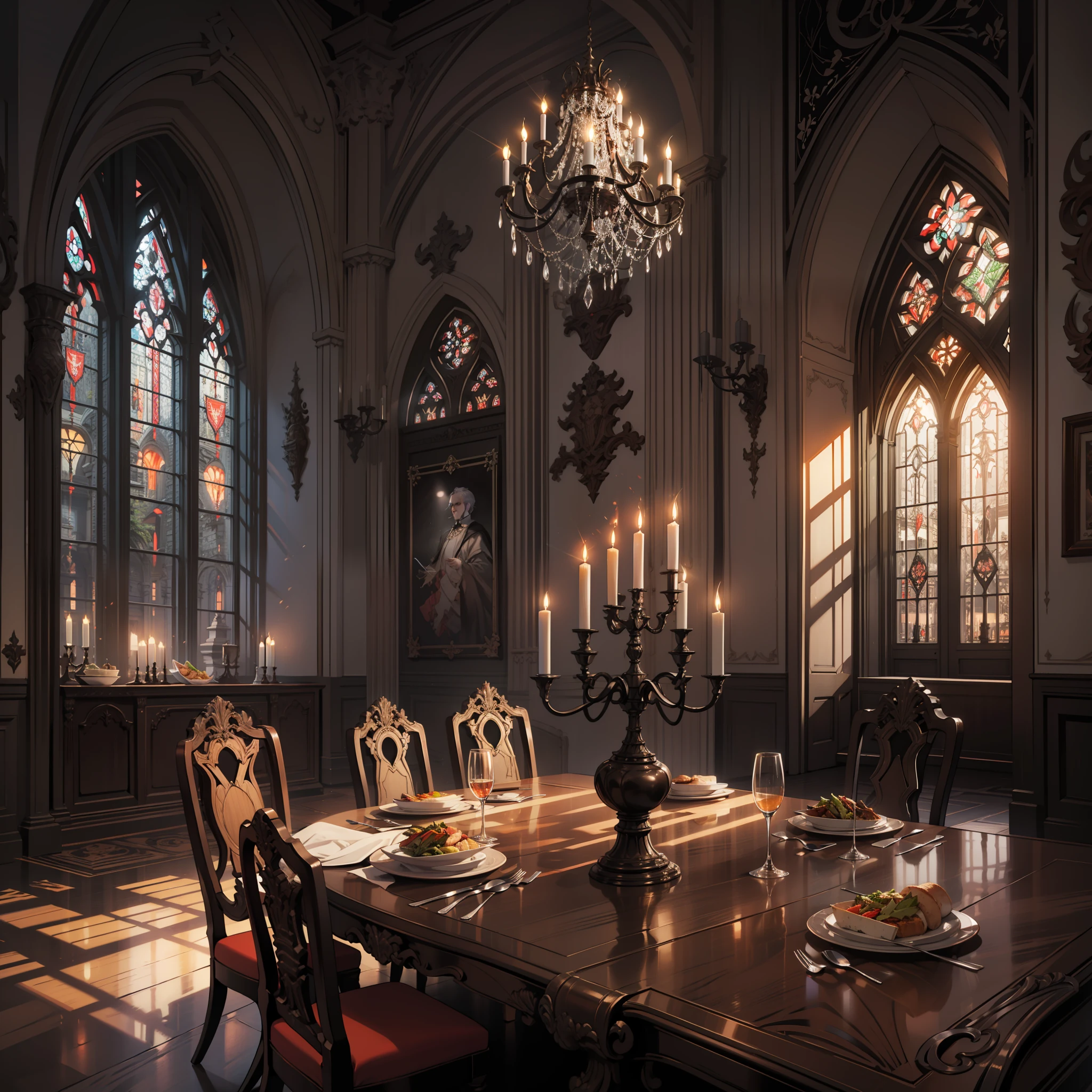 better quality, detailded,8k, obra de arte, Interior Gothic castle, Lounge, Dining table, Shiny,, imposing, Gray stone, detailded, Dark wood floors, Sun sunset, Through the window I could see the sunset sun, Imposing pointed windows, Gothic architecture, Large dark wood dining table, Banquet for two, Two dishes on the table, Medieval woodwoods, candlelit, House of Vampires, Elegant chandelier, dark color theme, Wall art, The camera is far away, Wide field of view, Cinematic feel, cold lighting, Grey stone walls from the Middle Ages, Arte, Varied meals, liquor, long table, palace