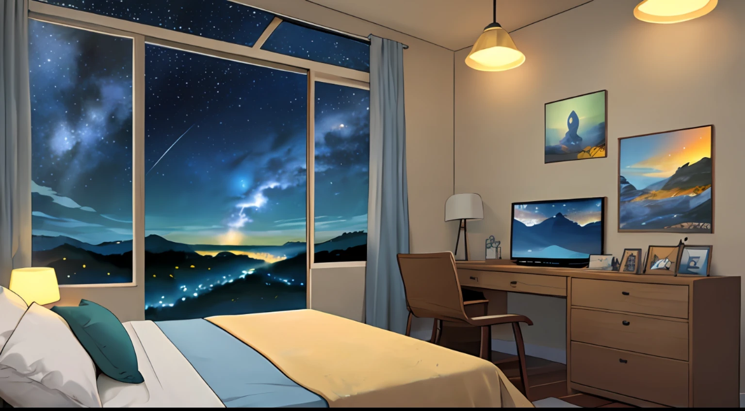 Messy Room, cama no centro do quarto, estante com livros, aconchegante, clima noturno, starry sky, luz do luar, janela grande, paisagem com montanhas, paisagem aconcheganteanime style, anime, Ghibli-like colours, HD, high quality, high details, super detail, masterpiece,