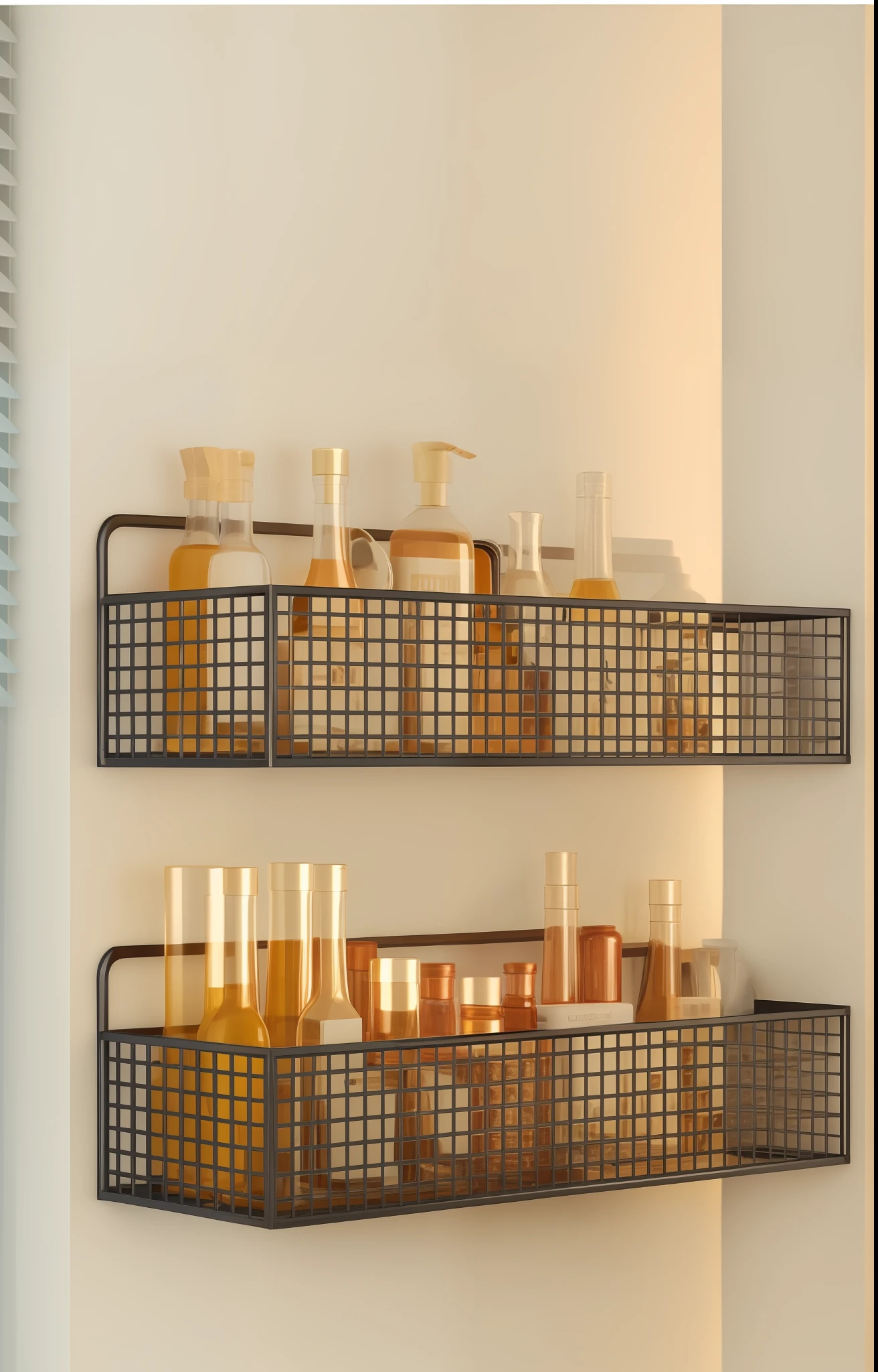 A luxuriously decorated kitchen,There are two shelves on the wall filled with seasoning bottles,curtain over window,Light tiled countertops,Wall with textured details,Slight elevation angle,Wide Shot Shot,Bright and strong natural light contrast,Natural light hits the walls,墙面8K纹理细节,The ultra-Realisticstyle,extremely realistic,Draw a complete image