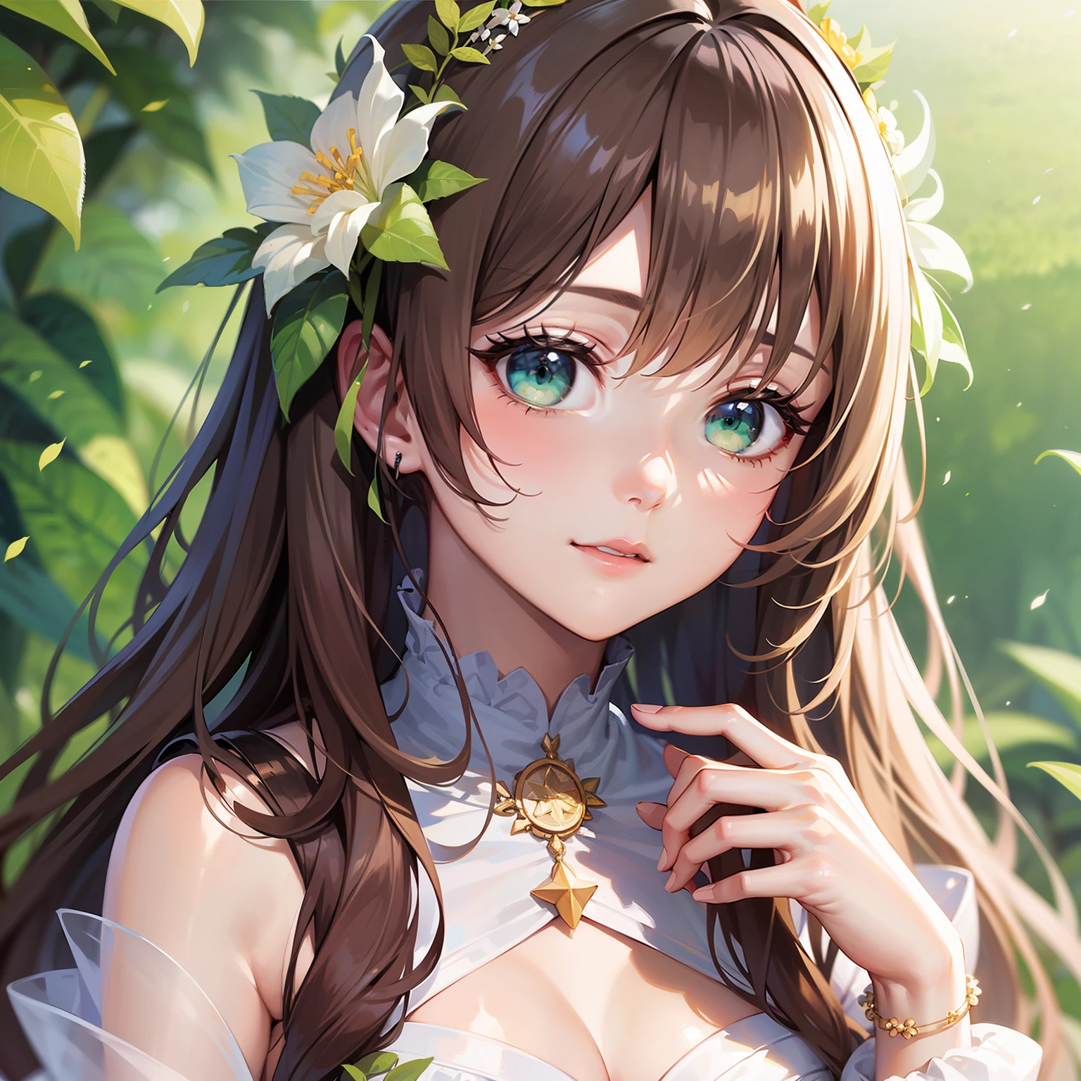 (MASTERPIECE)8K解像度、Beautiful girl loving flowers、Beige brown semi-long hair、Floral hair ornament on the head、Green eyes、adorable face、model style、Fantasy style、
