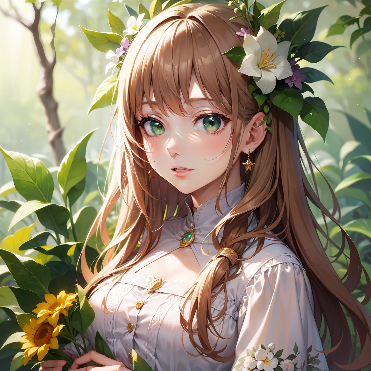 (MASTERPIECE)8K解像度、Beautiful girl loving flowers、Beige brown semi-long hair、Floral hair ornament on the head、Green eyes、adorable face、model style、Fantasy style、