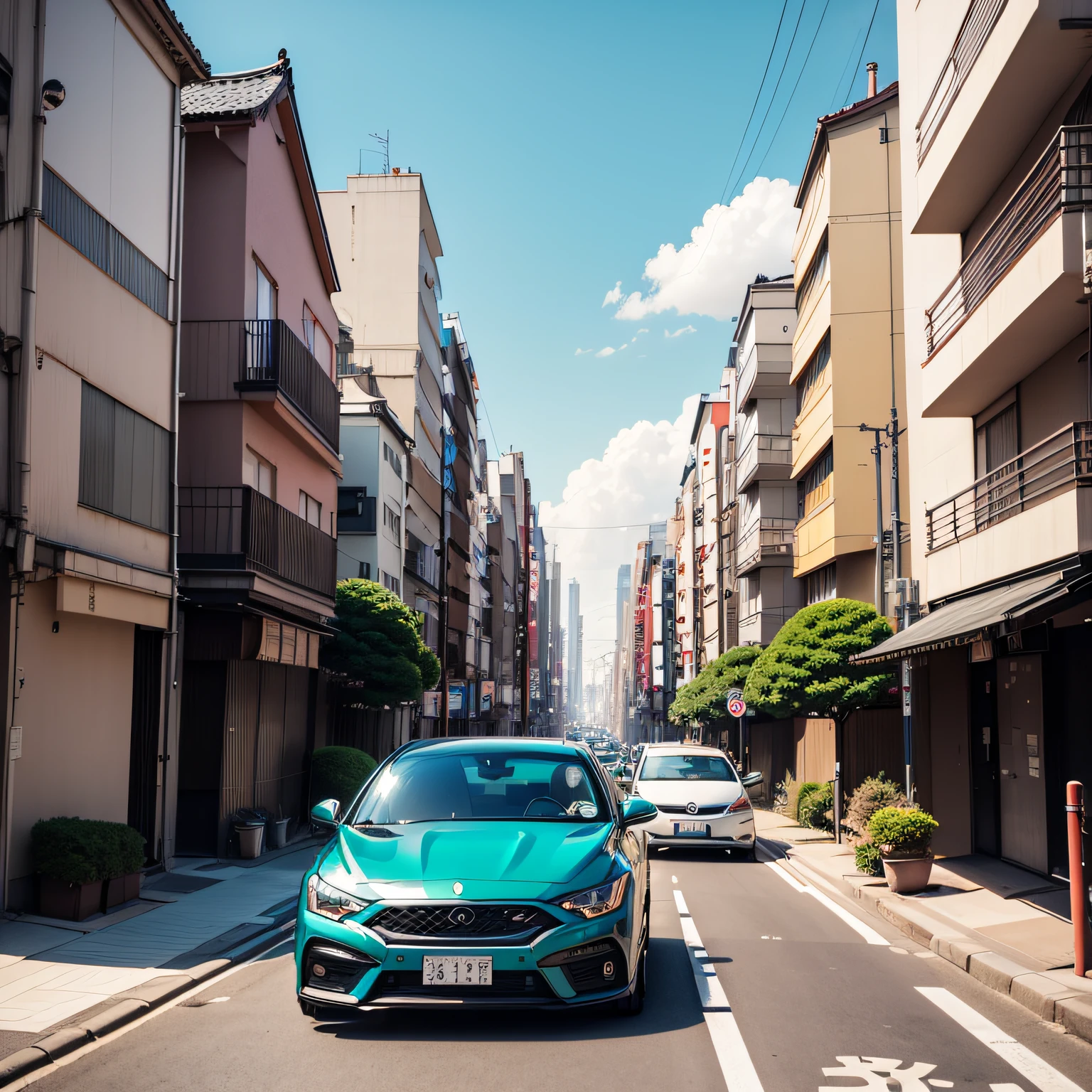 Cidade de Tokyo , dia ensolarado , bluish sky , pessoas japonesas diferentes, carros de cores diferentes andando , lojas com logomarcas japonesas , ruas divididas , imagem realista , Full HD , alta performance, alta qualidade --auto