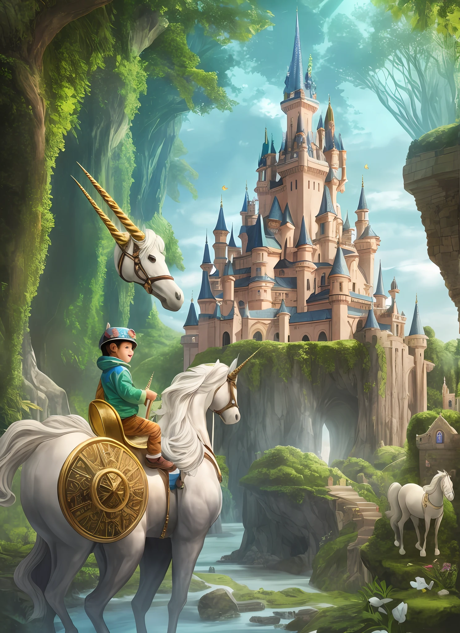 A child wearing a soft and shimmering pajama, riding atop a unicorn in a scenery of giant castles. O pijama brilha e brilha, reflecting the magical light of the surroundings. The child and their unicorn companion journey through a land of majestic castles, where each castle holds its own mystical secrets and wonders. The air is filled with a sense of adventure and excitement as they explore the grandeur of the enchanted kingdom. Ela's um sonho-like experience where imagination and fantasy intertwine, criando um mundo de encantamento e alegria.