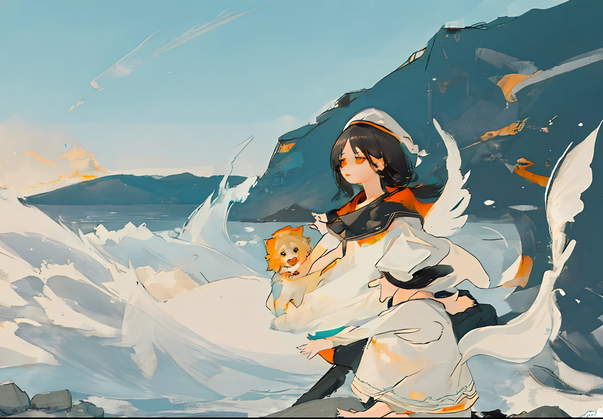 Masterpiece, best quality, super detailed, illustration, (beautiful detailed orange eyes), 1girl, short black hair, waves crashing on rocks, beautiful sky