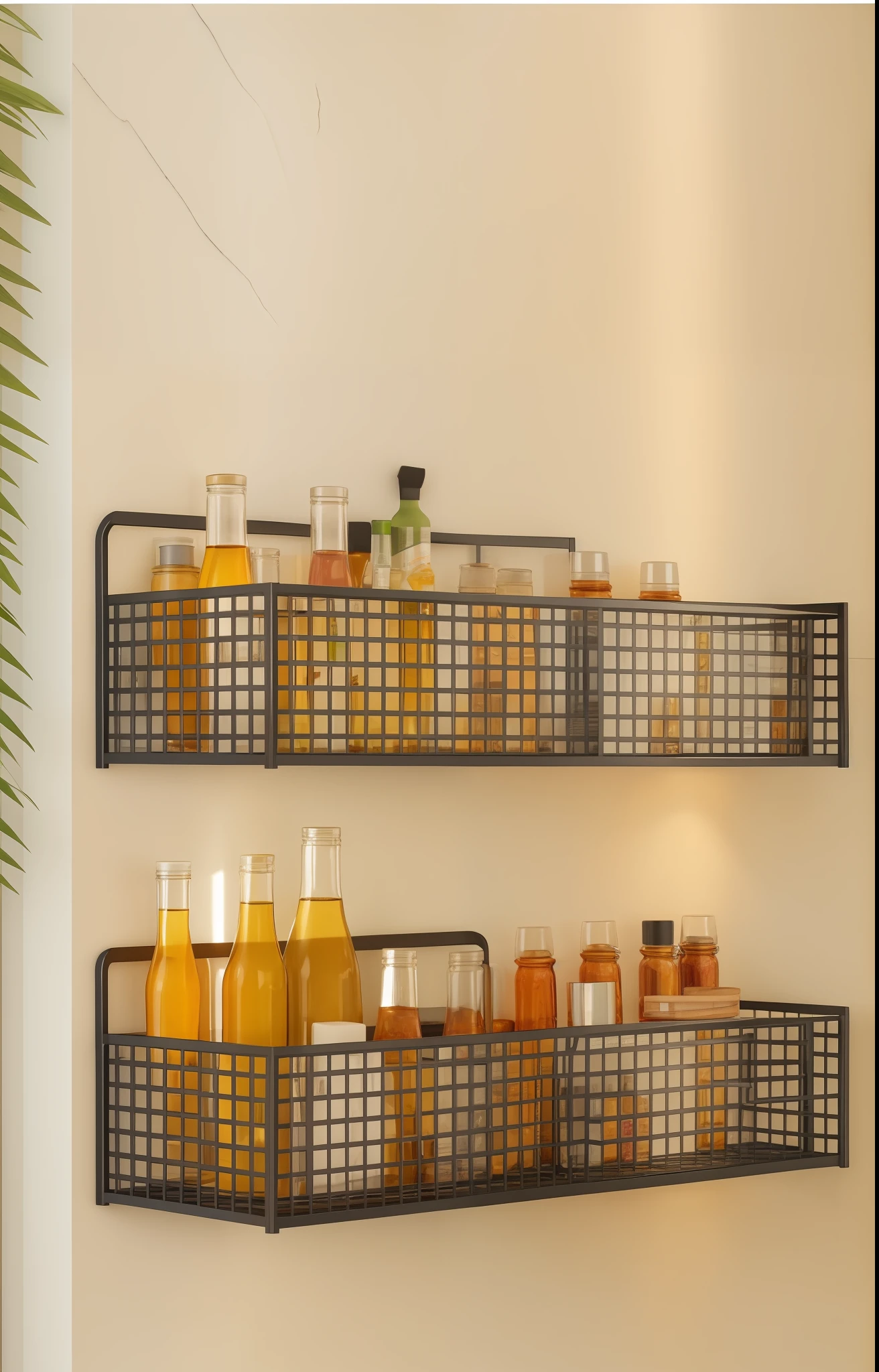 A luxuriously decorated kitchen，There are two shelves on the wall filled with seasoning bottles，curtain over window，Light tiled countertops，Wall with textured details，Slight elevation angle，Wide Shot Shot，Bright and strong natural light contrast，Natural light hits the walls，墙面8K纹理细节，Hyper-realistic style，extremely realistic，Draw a complete image