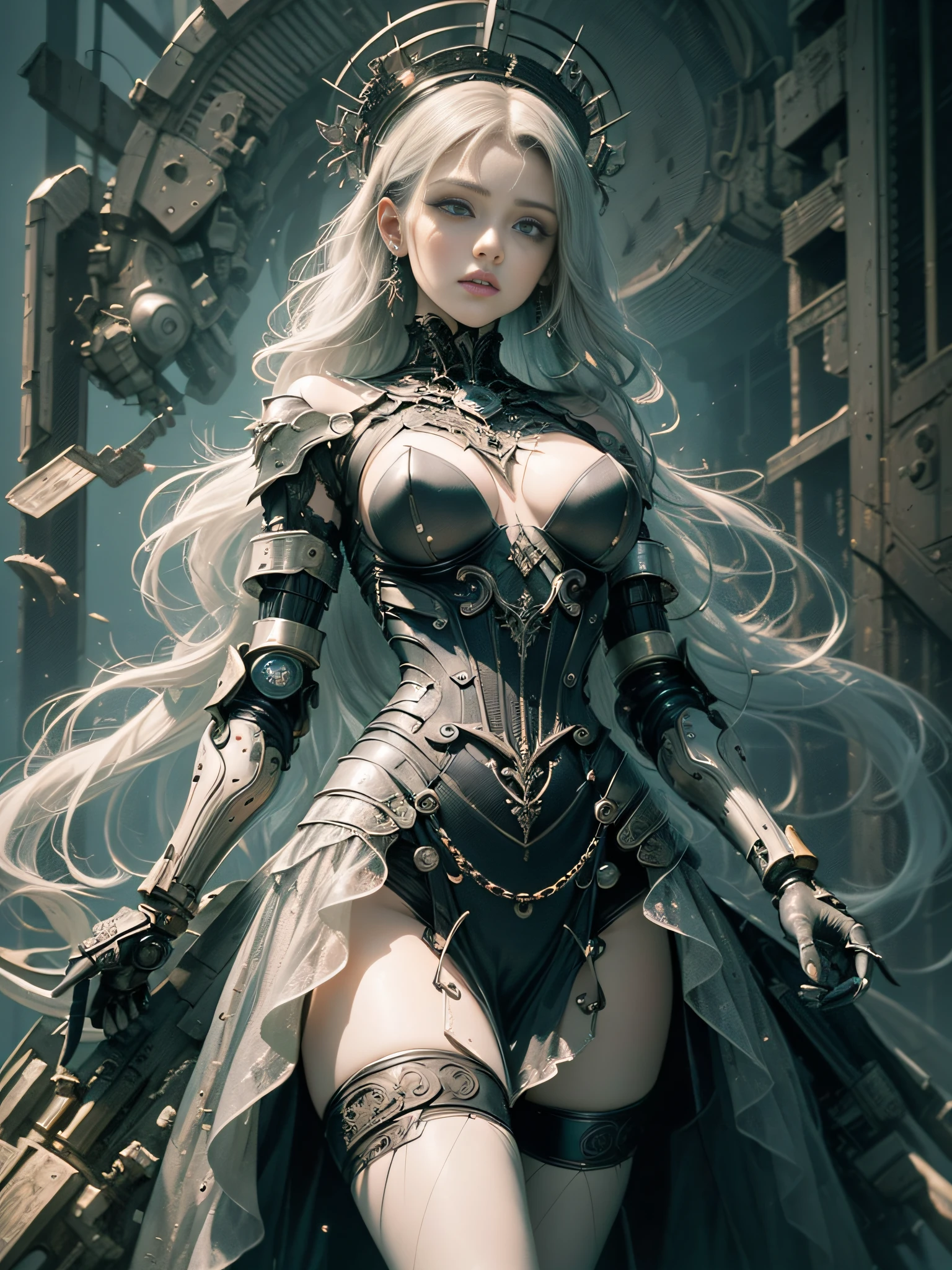 [Detailed illustrations, art based on extremely ideal anatomy, very detailed and detailed drawings, slow and delicate lines, realistic texture expression],((Color tressed main lines)),(Artwork with outstanding craftsmanship),(Ruins background),MACHINEAlice HENTAI ANIME Beauty (tall (tall)) 16 years old Smooth straight hair (long transparent hair) AUTOMATON,Black Dress Black Rose ((Lace Pattern) (Thorn)) (Alien Armor Chain (Transparent Material)) (Cybernetic Gothic Lolita (Titanium Alloy)),(((Bondage:0.4)))),((Fine and Beautiful Skin Expression (Transparency))),((Clear Gaze)),((Perfect Eye Details (Beautifully Drawn Eyes)))),(Beautiful Perfect Face ( Realistic facial details)),((Beautiful hair details)),(Perfectly proportioned proportions)),(Design built to a high level,(((Advanced structural understanding of materials)),Ideal color coordination),((Artistic decoration))) ((Dense details)),(Detail,High definition)),[(Ultra-precision detail),(((Multilayer texture)), HighQuality,High Resolution],((Accurate simulation of light-material interaction, understanding of air flow, mechanically correct representation)),(((Visual art with a sense of narrative)).