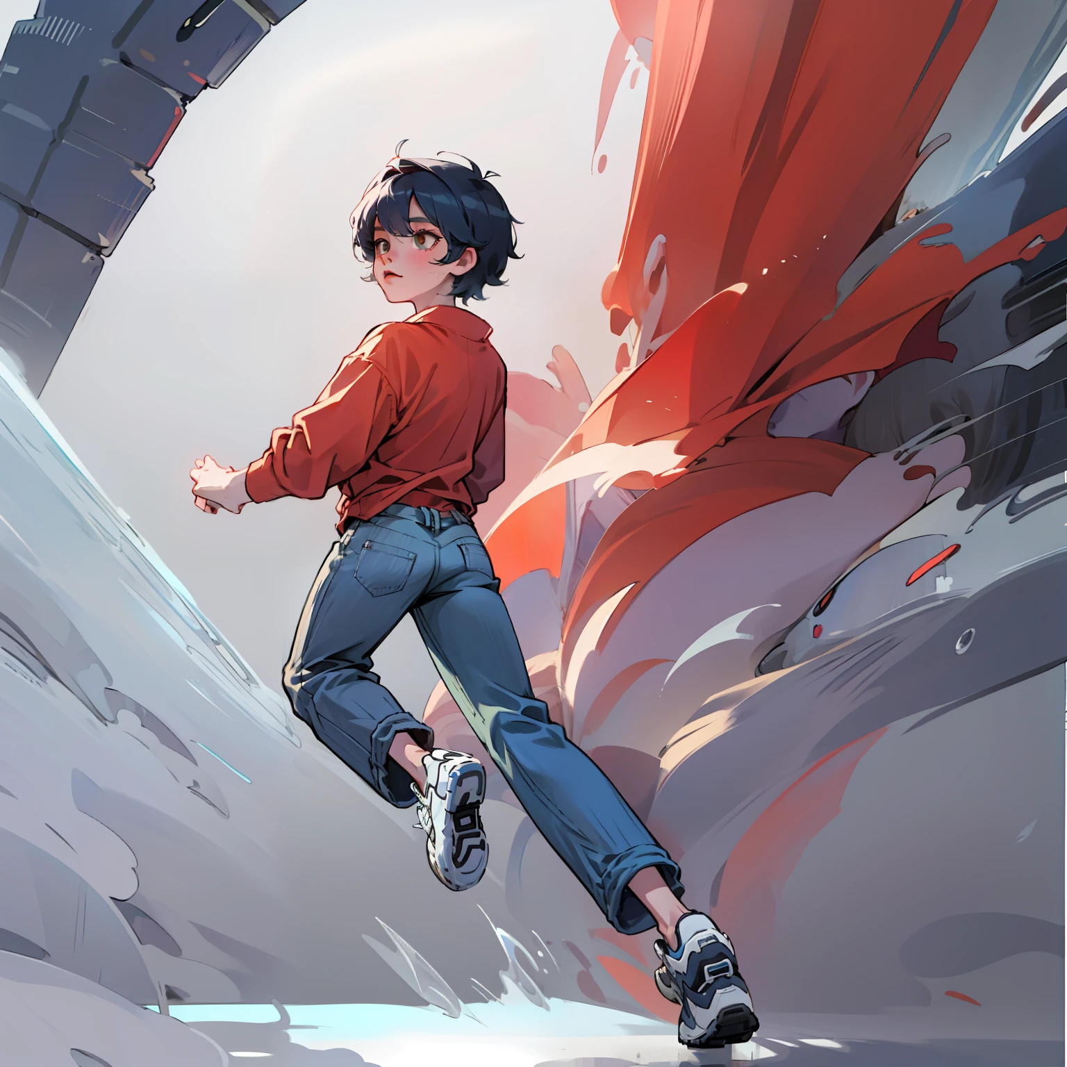 8k,1boy,Running back,Black Short Hair,blue jeans pant,Gray sneakers,red coat,The back is exposed,All body,The run,back view,best picture quality,super high res,WHITE BACKGROUND,Portraits