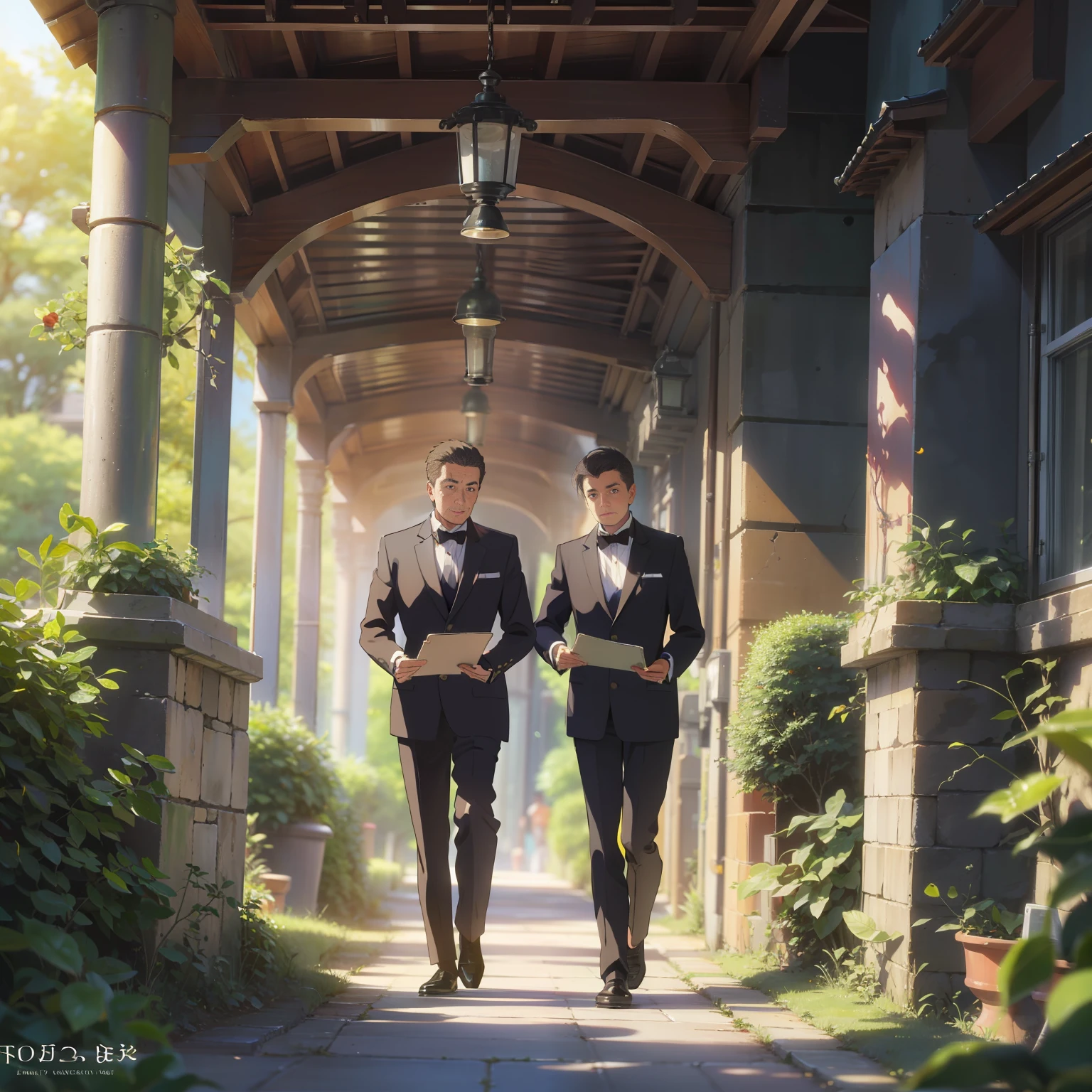 An old male butler in the villa area in formal uniform stood at the gate of the villa area,Holding a thick folder in his hand。He pointed to the folder to a handsomely dressed sunny man,Assertive,The boy in the black suit said:"This is the title and keys to the nine villas。"Surrounded by spacious and tidy villa area,Sunlight shines on the ground through the leaves,It creates a serene and noble atmosphere,Two people in the same frame,Detailed description,The picture is detailed,The picture is exquisite