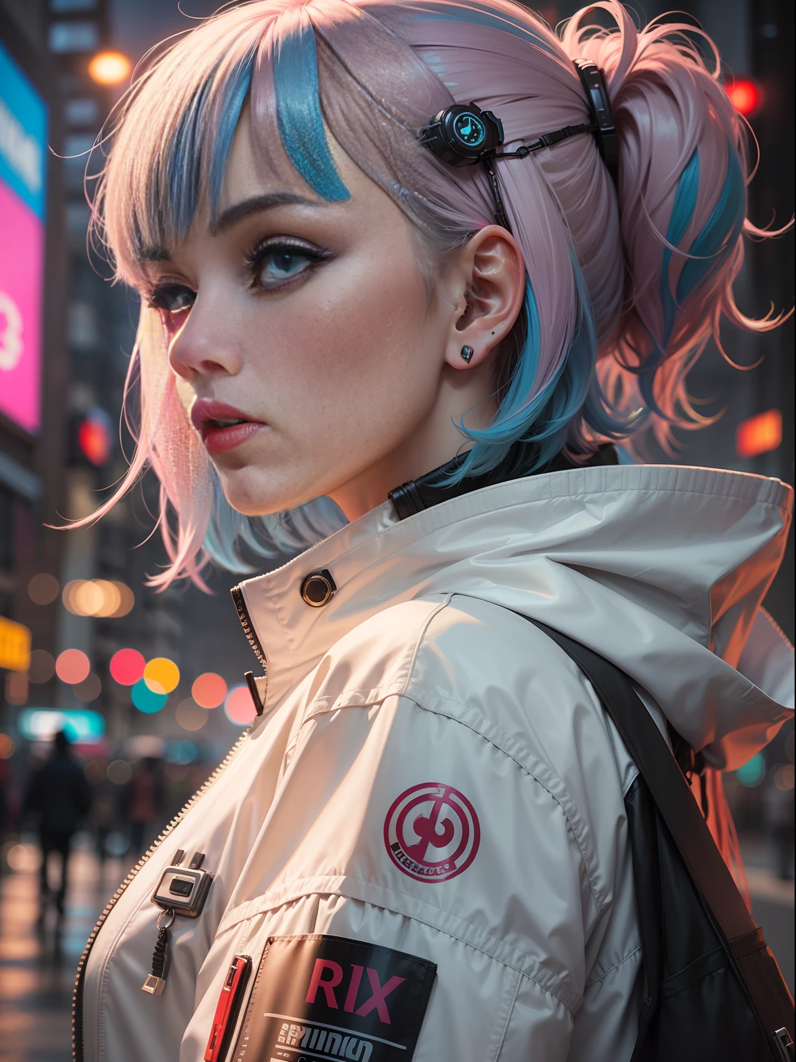 lucy \(cyberpunk\), 1girl, bangs, blue hair, colored tips, close up, grey eyes, jacket, long sleeves, looking at viewer, (from the side), right side face, (half face), medium hair, moon, multicolored hair, pursed lips, parted bangs, wink, pink hair, portrait, red eyeliner, red lips, solo, white jacket, cyberpunk \(series\), cyberpunk edgerunners