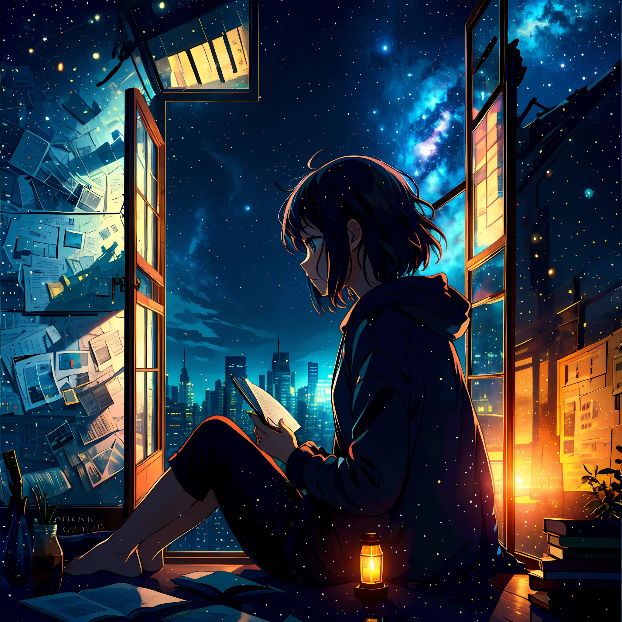 masterpiece, 1girl, solo, room full of scattered books, sitting at window, barefoot, reading book, night at window, distant city lights, starry sky, nebula, close side shot, 8k, detailed, best quality,