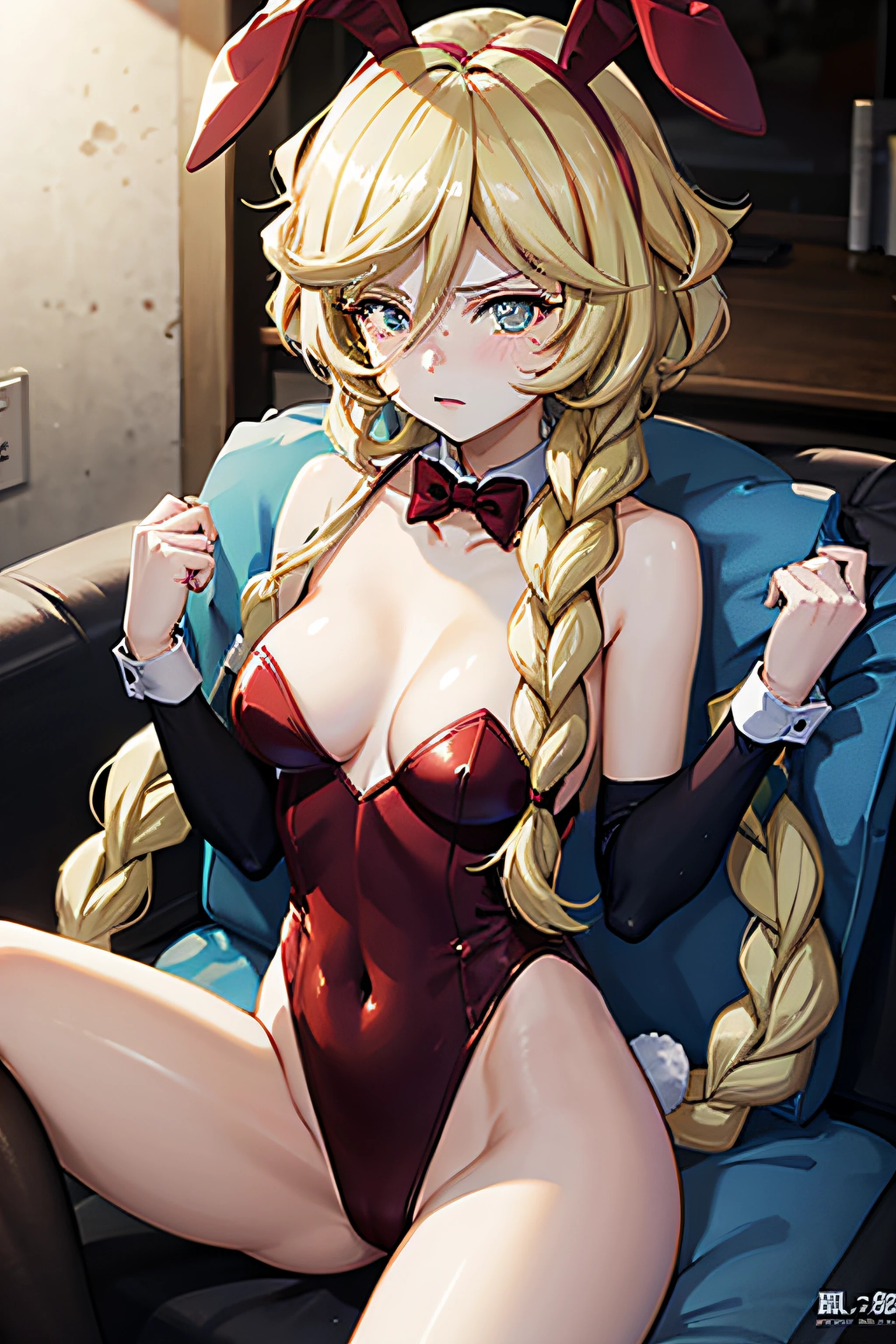 Strip Club Woman、Strip Club Lights、(Wearing a bunny costume:1.3)、red outfit、good hands、4K、Highres、MASTERPIECE、beste Quality、headw:1.3、((Hasselblad photo))、fine skin、Sharp focus、(cinematic lighting)、Illuminated by soft、dynamic ungle、[:(Detailed Face:1.2):0.2]、medium chest、(((Sitting on the couch)))、超リアルな8k cg、Images-perfect faces、Flawless、cleanliness、MASTERPIECE、professional artwork、Famous artwork、perfect faces、Beautiful Faces、beautiful eye、blonde Hair、((Perfect female body))、ginormous breasts、solo、、(Red Face:0.5) 、high detailed eyes、beautifully detailed background、depth offield、(ambient light:1.3)、(Cinematic composition:1.3)、accent lighting、narrow waists、Standing、