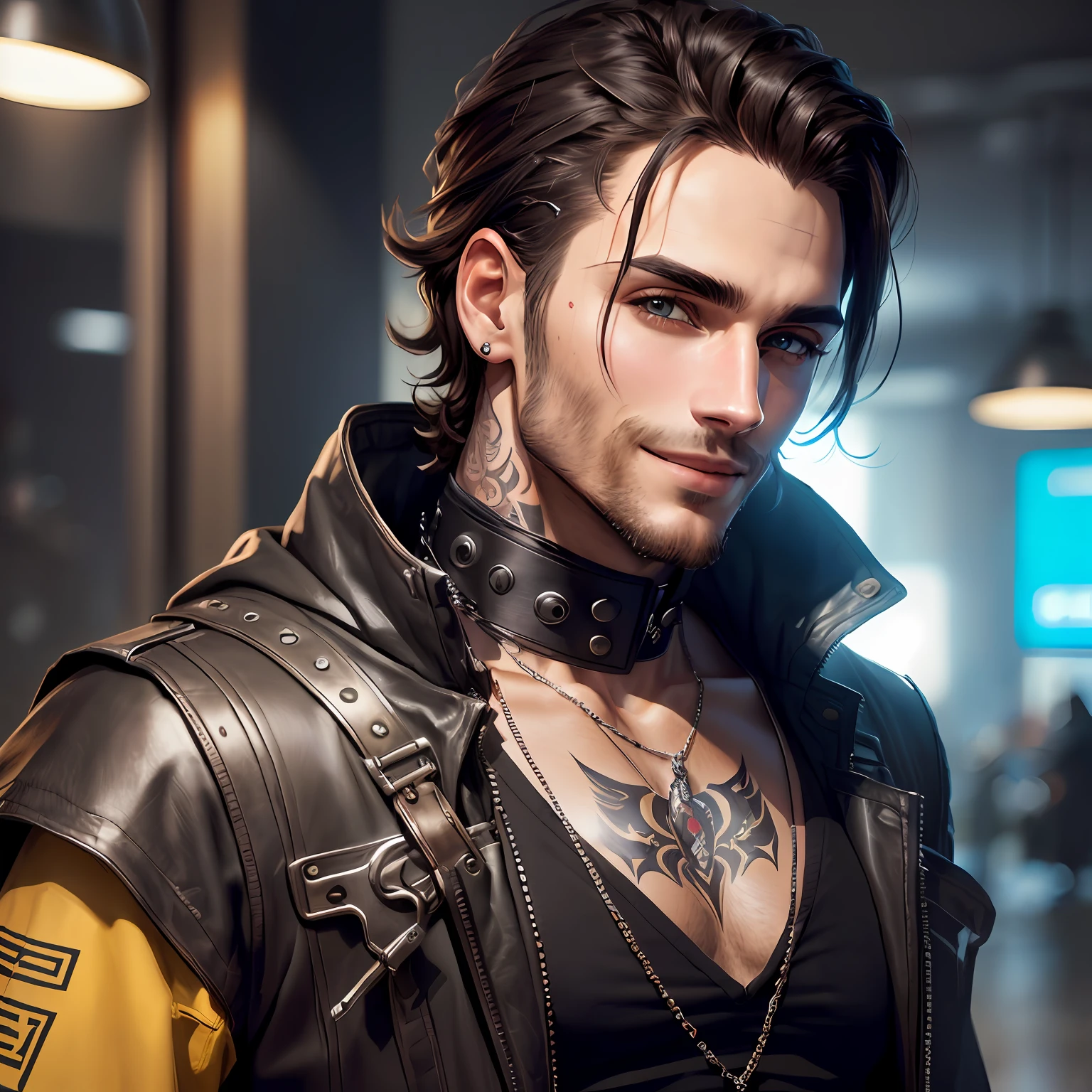 homem com barba curta, cabelo moicano, olhos castanhos, cabelo castanho, medium size hair, sorriso no rosto, Cyberpunk, olhando para o canto inferior direita, foco no rosto, perfil, Jaqueta roxa, with a metal chain around his neck, neck tattoo, roupa roxa --auto