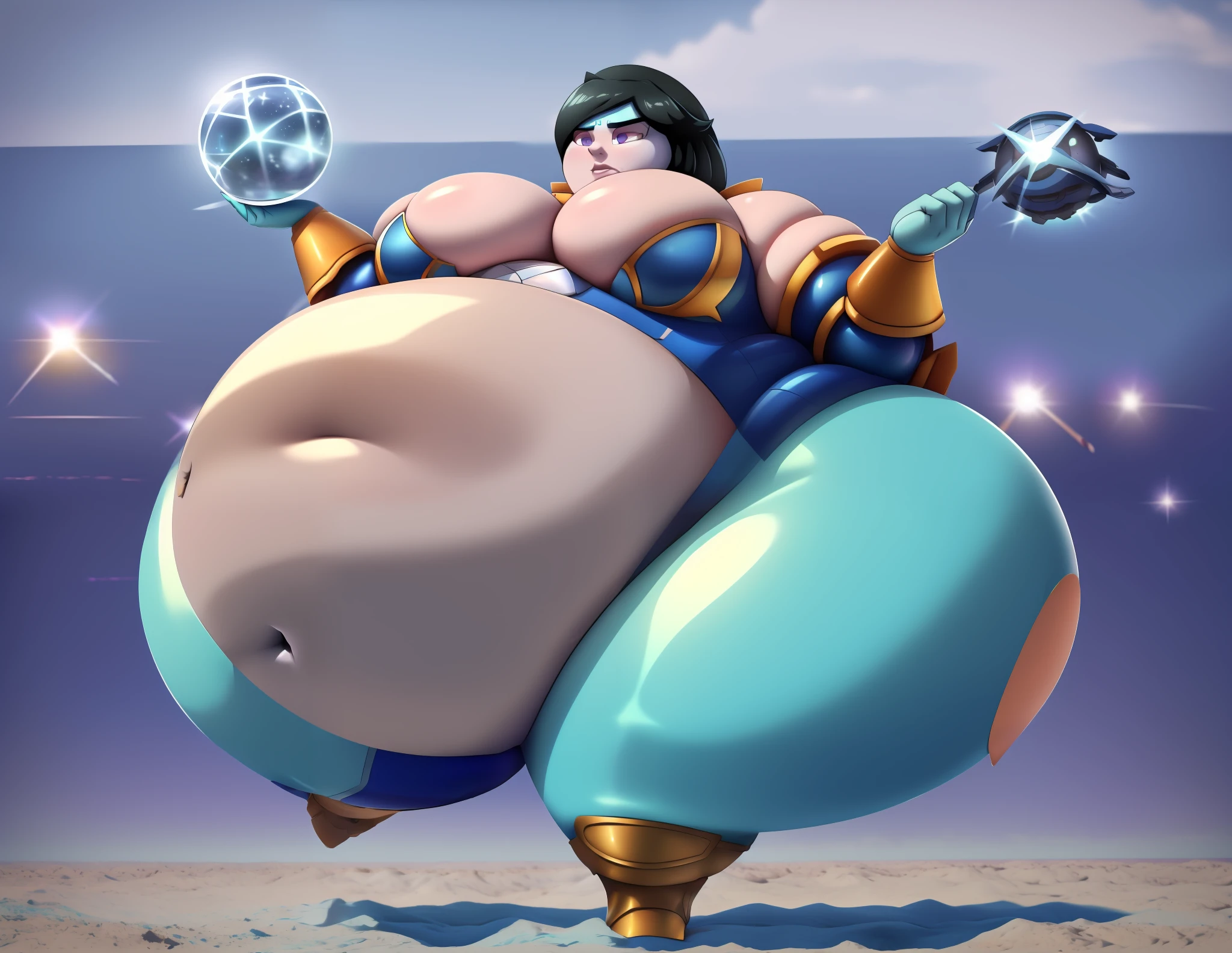 ((High resolution , High quality, High aesthetic , Masterpeice)) ((anime)),a man holding up armored Arm, phantasy star online, space armor, ,shiny armor, ((wearing White shining armor)) , ((navy blue robes with white accent)), ((black hair, Medium length, parted bang with Teal streaks!!)), Olive Skin , cyan eyes, (( one Armored Arm with a Space Pattern inside it )),(( fat)), (( large,Round Hyper belly)),((thick Thighs, Large Wide Hips , Fat Butt, )) ,fat face, ((Visas Starfrost)), expression(Serious, confused, looking down ,Grabbing belly)
