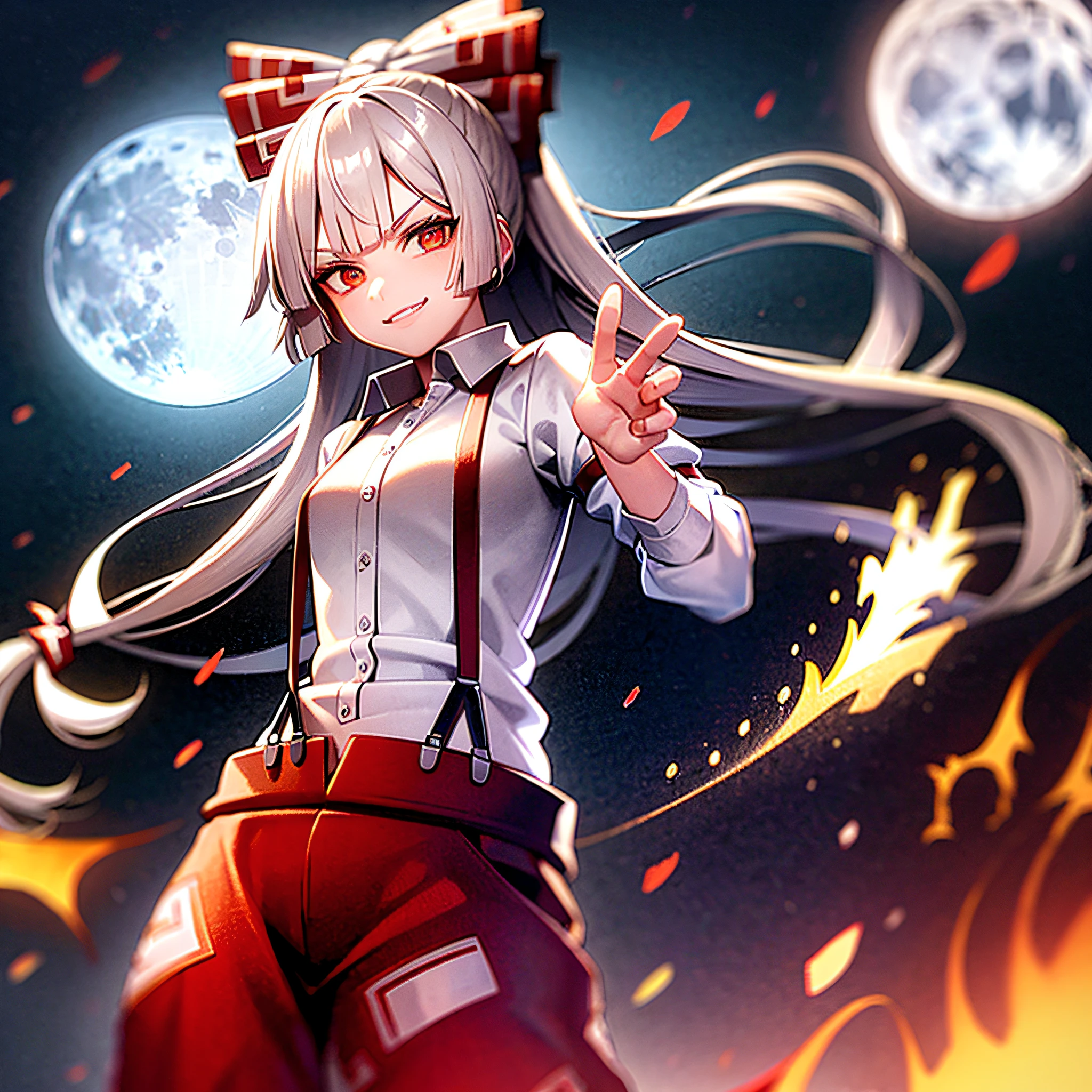 master masterpiece！best quarity！1girl，Cute bow，Stylish shirt and suspenders，Handsome girl's unique sinister smile，Flames and the Moon，Show off at night，staring the viewer，Show a domineering pose，fujiwara no mokou。