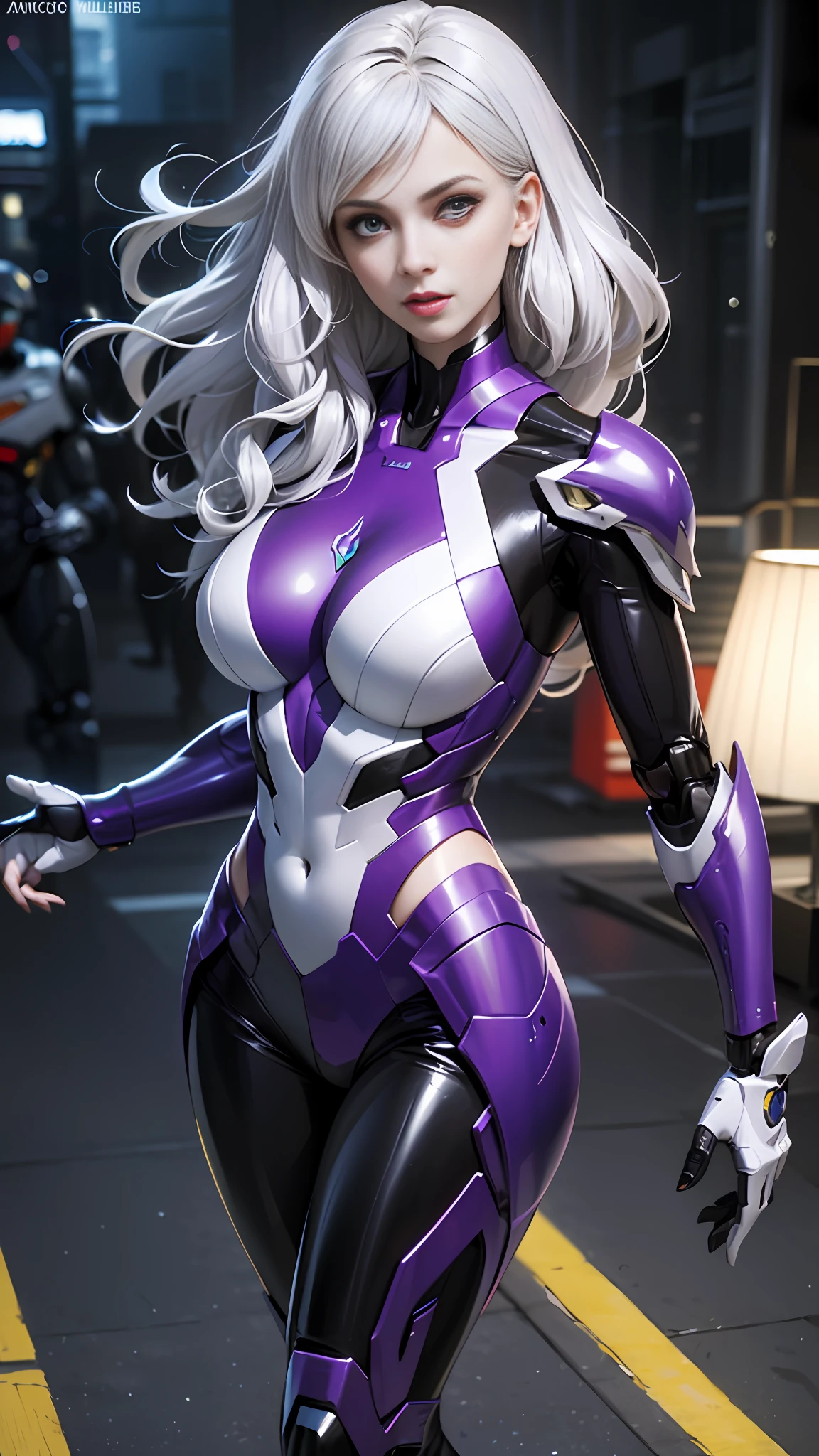 a close up of a woman in a purple and white suit, sleek purple armor, purple body, purple armor, cybersuit, cybersuits, cybersuits, gynoid cyborg body, platinum skin, girl in mecha cyber armor, diverse cybersuits, extremely detailed artgerm, Robots - silver hair girl, 8k artgerm bokeh