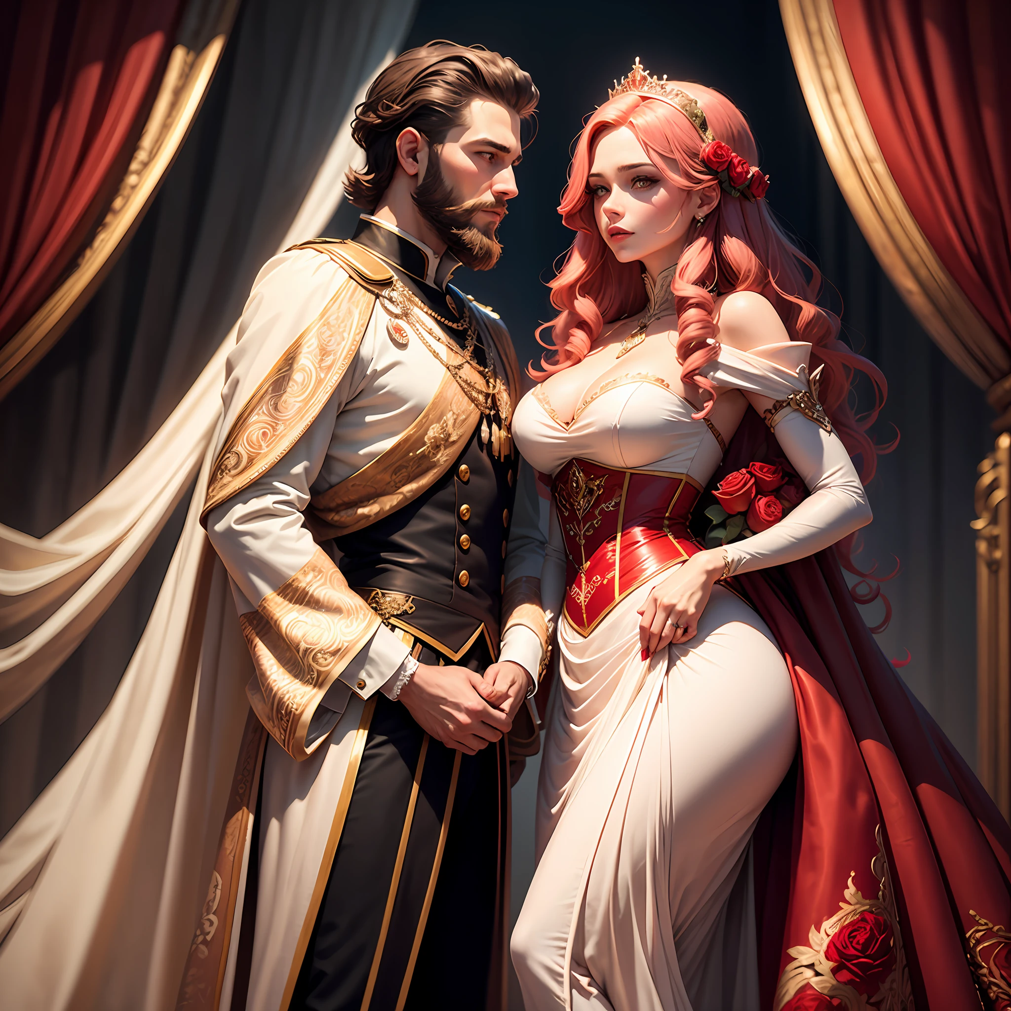 Casal se beija um homem e uma mulher com muito carinho, o homem e o Rei Davi que tem cabelos pretos, beard wears a King's outfit and is in love with the woman named Bate Seba, que tem cabelo preto moreno encaracolado e usa um vestido vermelho, Illustration of a novel book cover with a detailed background, liso, brilhante cheio de flores cobertas de hera e rosas vermelhas, castelo, Ornate dress standing on a bed of roses, Anel luminoso, dynamic lighting, ethereal lighting, ultra detalhe, arte conceitual, elegante, surreal. --auto