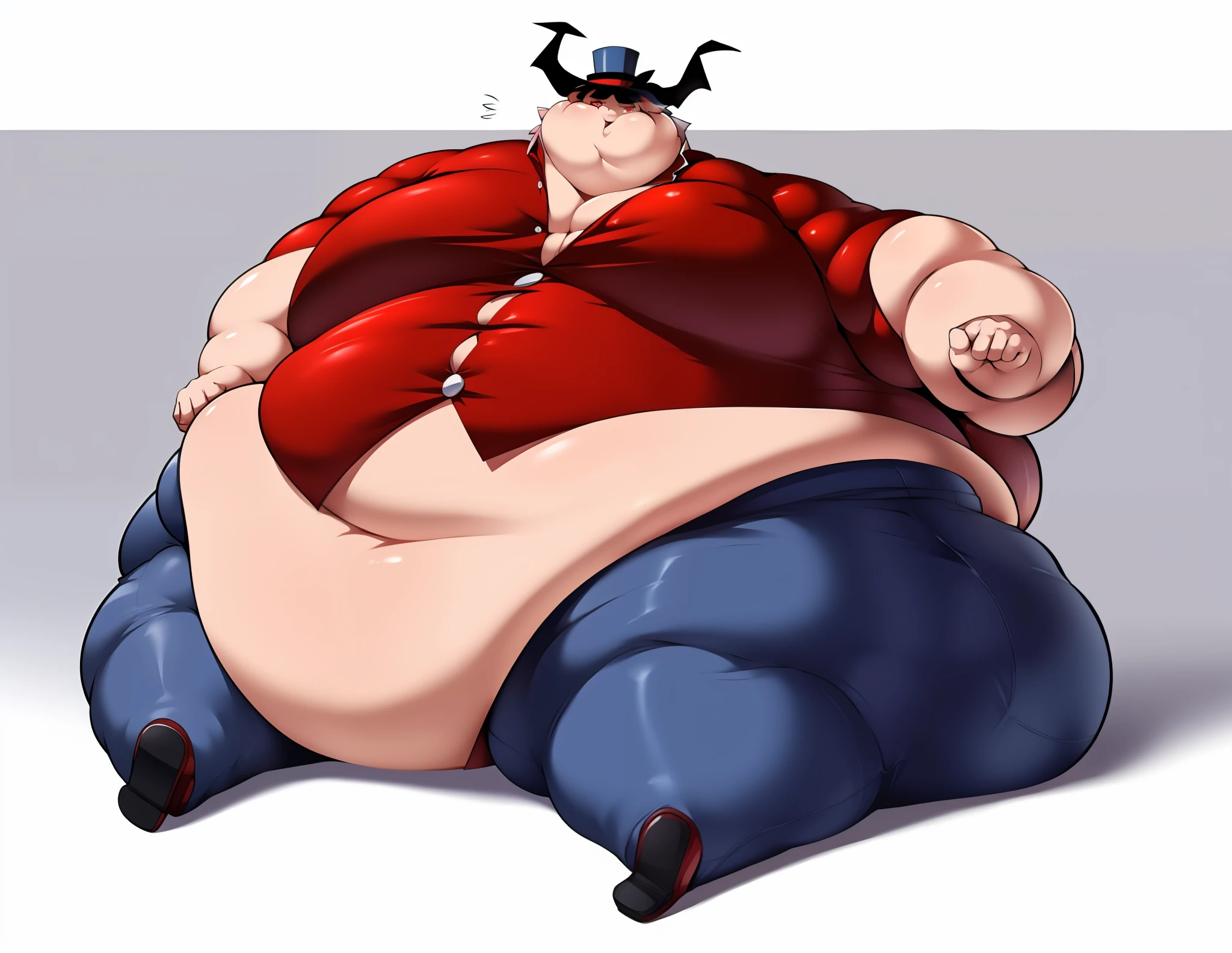 anime character with a large belly and a large belly sitting on a bed, gluttony, , blob anime, eating hamburgers ,obese ), anime hi-fructose, anime food, Sekka, obese, top rated on pixiv fat young man on enormous hands, fat bacchanalian body, he has a jiggly fat round belly, big arms, obese ), fat!!, pose(arms out the side+ struggling+huff and puffing), expression(Smug), arms extended towards viewer, skin color(Charcoal Black ) ,Black, short hair Red hair Tips!! ,anime,male,((Handsome)),arms((Black wings Under arms )),Black Horns with red tips+ ,Round fat Face, multiple chins , Fat Cheeks, Clothes(( consists of a red formal suit!! ,black Top hat!!,)) (Sharp,Red Eyes),((Massive Fat Belly)), (Fat thighs, insanely Wide hips ,massive butt)), super Fat ,high_quality, , Massive proportions, ((Clothes Tearing )), Legs spread out, black feathers around Skin, (High resolution), (High aesthetic),((Clear face and Eyes))