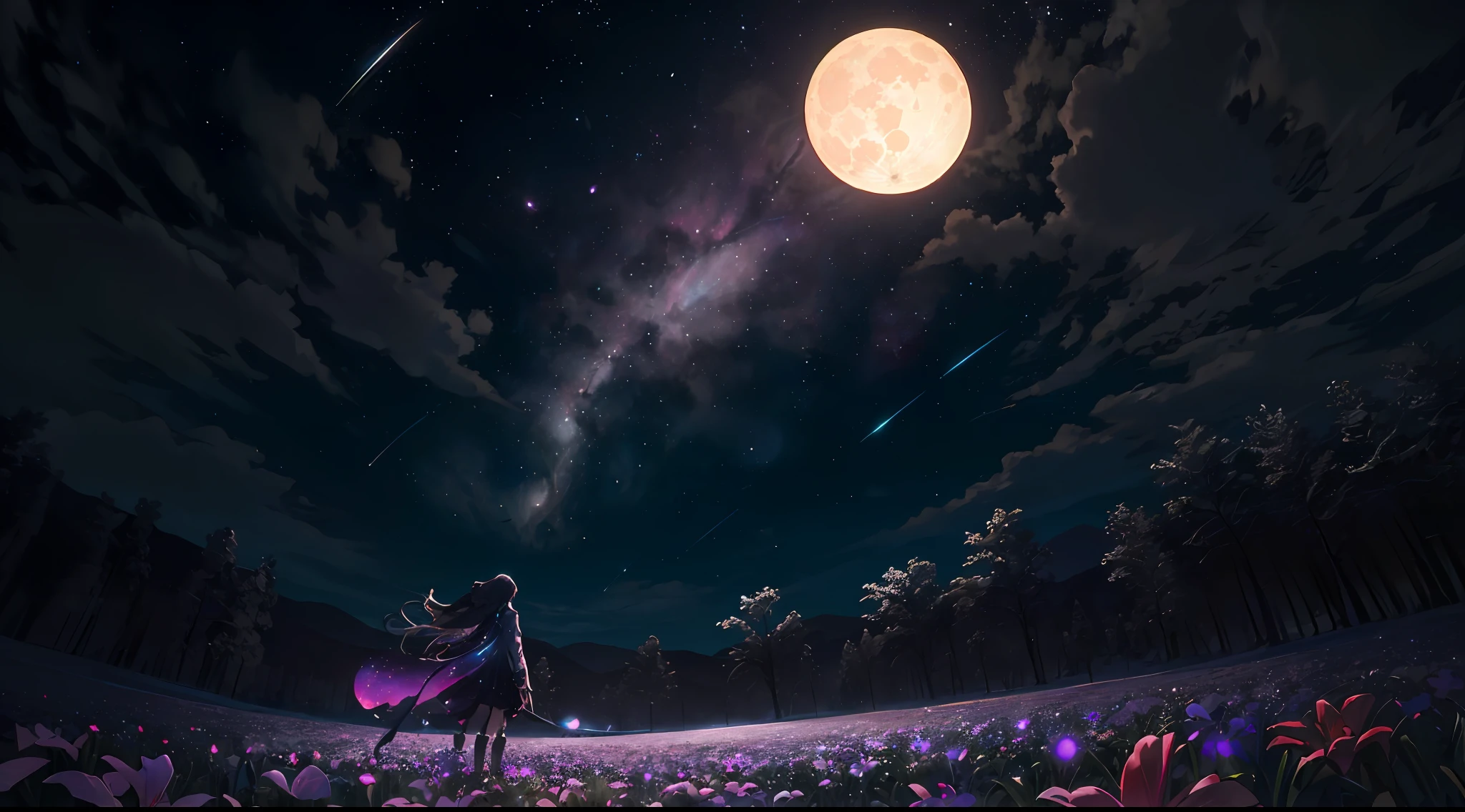 expansive landscape photograph , (a view from below that shows sky above and open field below), a girl standing on flower field looking up, (full moon:1.2), ( shooting stars:0.9), (nebula:1.3), distant mountain, tree BREAK
production art, (warm light source:1.2), (Firefly:1.2), lamp, lot of purple and orange, intricate details, volumetric lighting, realism BREAK
(masterpiece:1.2), (best quality), 4k, ultra-detailed, (dynamic composition:1.4), highly detailed, colorful details,( iridescent colors:1.2), (glowing lighting, atmospheric lighting), dreamy, magical, (solo:1.2)