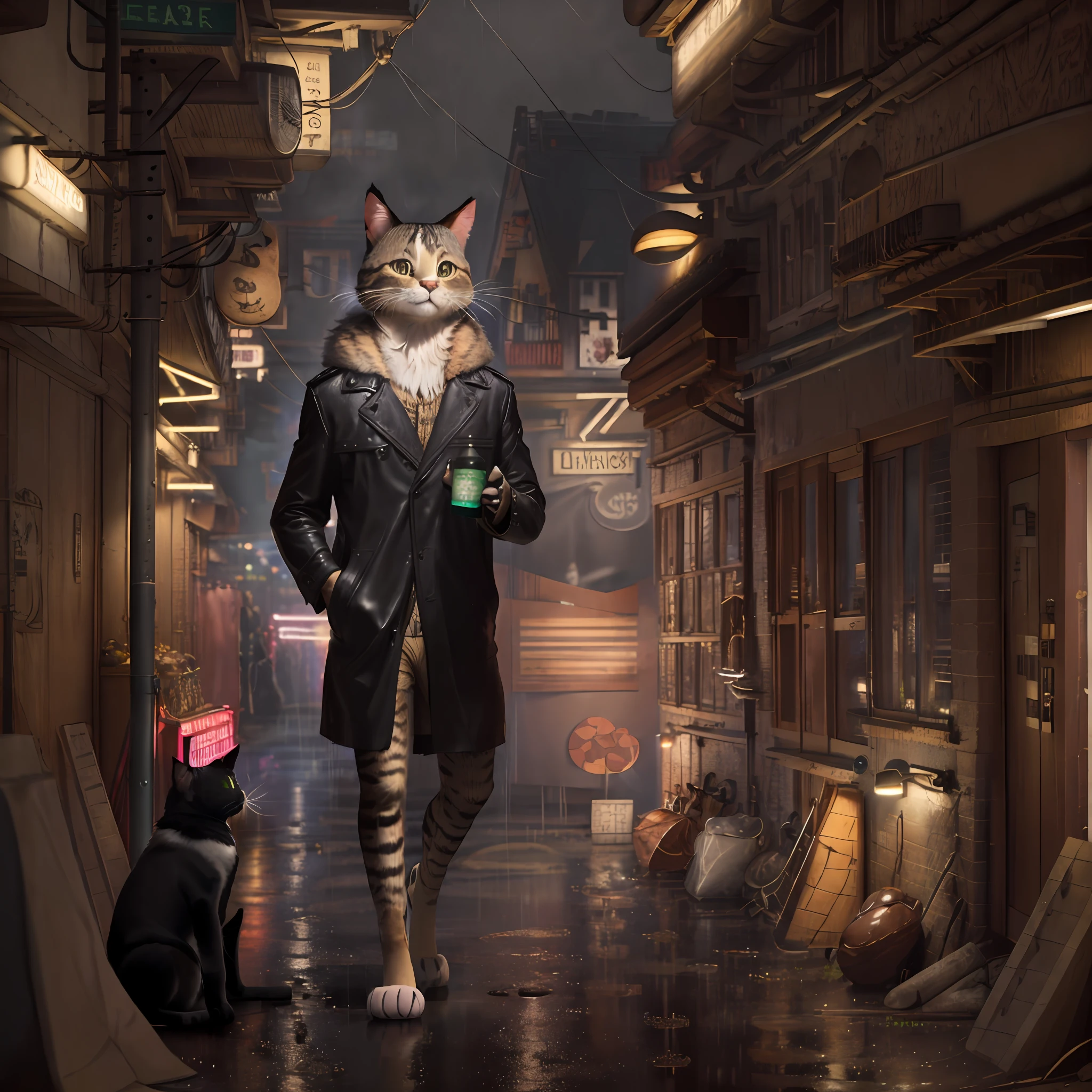 ((furry, anthropomorphic cat, best quality: 1.2)), anthropomorphic cat face, ((furry)), (soft colors: 1.2, dark studio, rim lighting, two-tone lighting, dim light, low tone, ), ((heavy rain weather)), long leather raincoat, a poster for a \(style\) of the 1930s, noir detective film, (noir atmosphere:1), dark atmosphere, city night street, emphasis on color noir, Nestilo furry Disney, High Detail, Surrealism, cinematic lighting, high details, high quality, close up, Disney stile