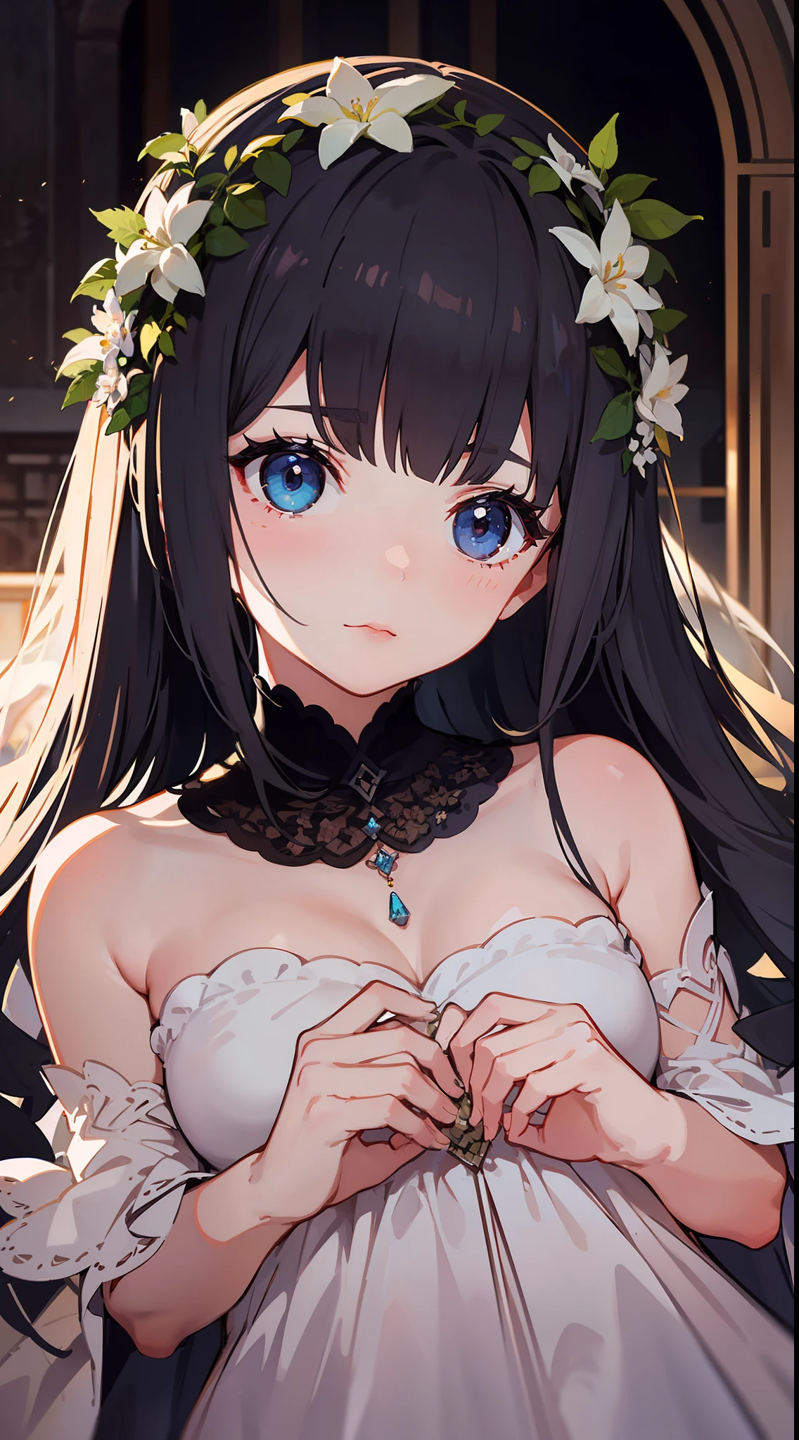 cinematic effect，Fancy effects，Complicated Detail，solo，1 个少女，（Two-dimensional + Crooked Bob：1.2），Detailed eyes，The dress，Lie down，Flower Garden，（closeup on face： 1.0), Ultra wide angle lens