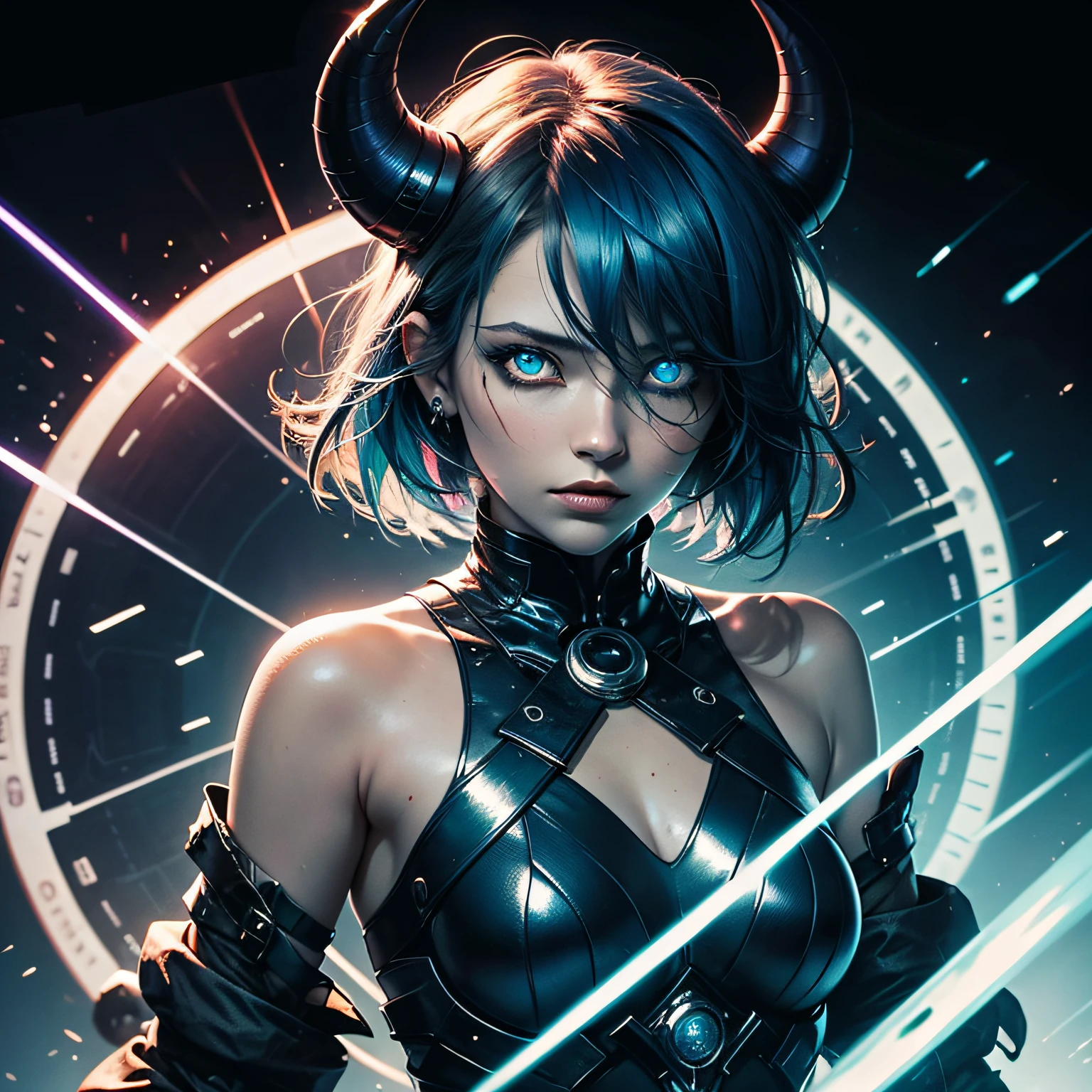 1girl, blue hair, horns, multicolored eyes, glowing, blue eye, purple eye, bare shoulders, demon eyes, magic circle, light particles, light rays, wallpaper, --auto