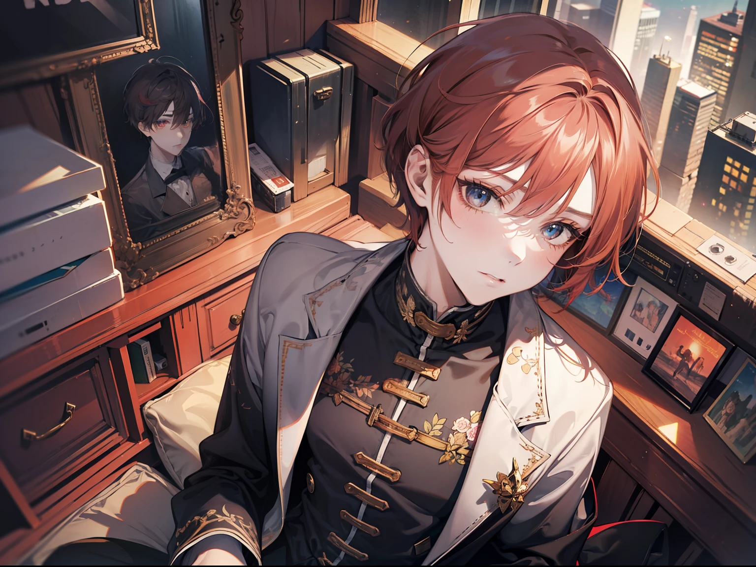 A guy,Short red hair,Look down from above,Eyes seductive