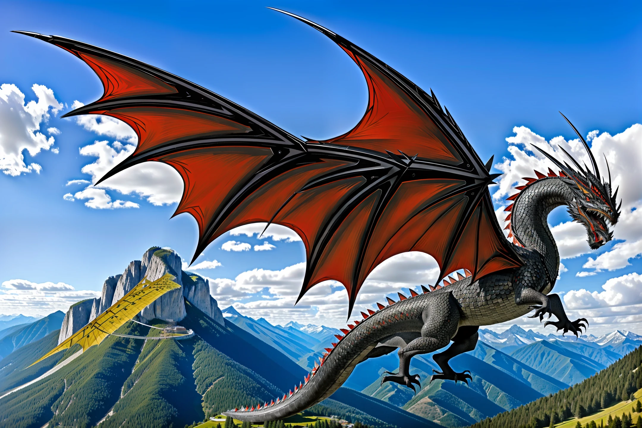 • A majestic dragon with red scales and black wings flying through the blue skies. Ele solta fogo pela boca e ruge com orgulho. He is the king of dragons and no one dares to challenge him-lo.It lives in mountains so high that no one goes there and anyone who tries does not survive