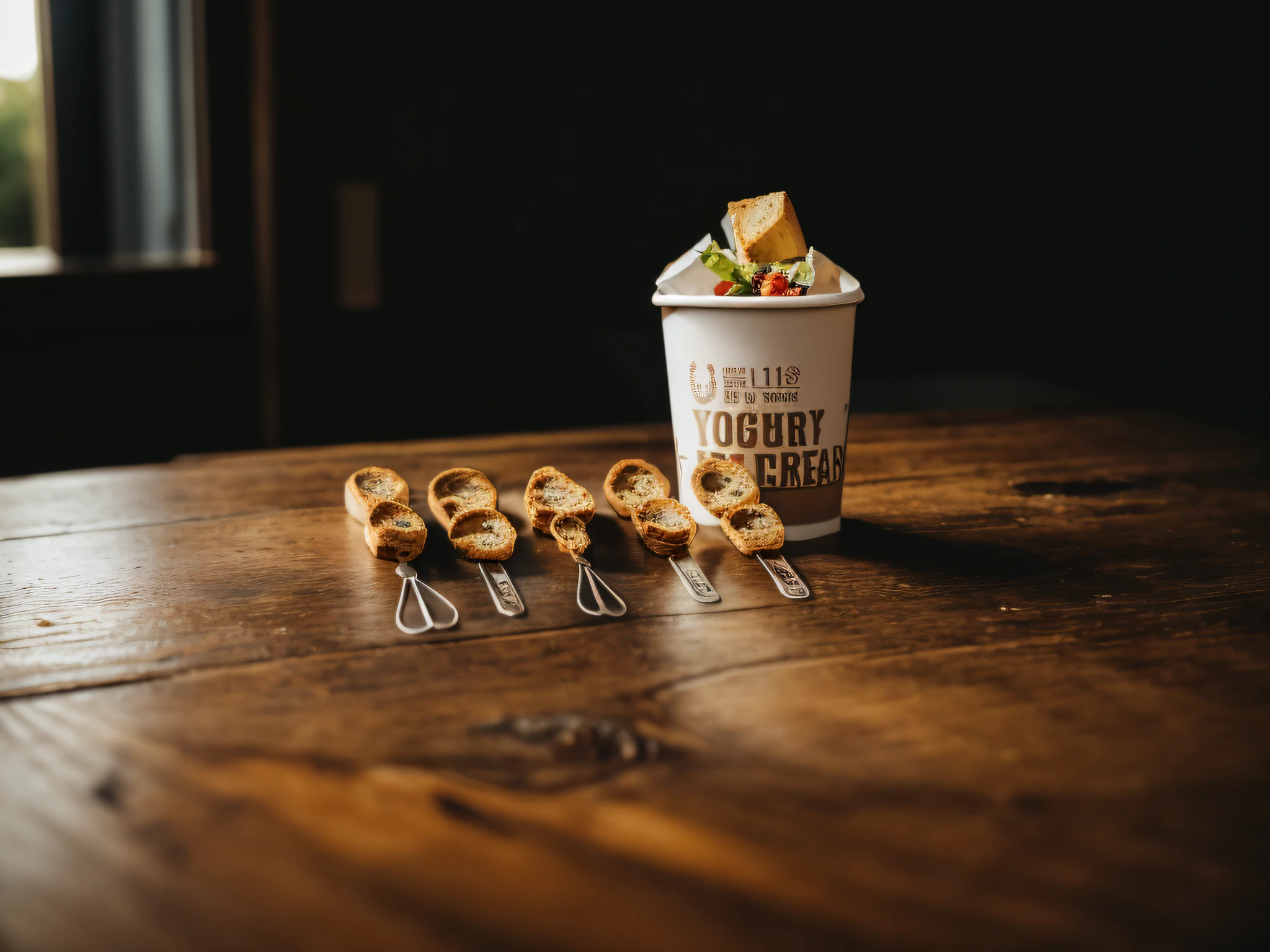 RAW photo of BLT paper yogurt cup, (rustic dinner background), seed bread, pepper jack cheese, (intricate detail: 1.12), (intricate detail, hyper detail: 1.15), realistic, ultra-realistic photo, 8k uhd, dslr, soft light, high quality, film grain, Fujifilm XT3, (masterpiece)