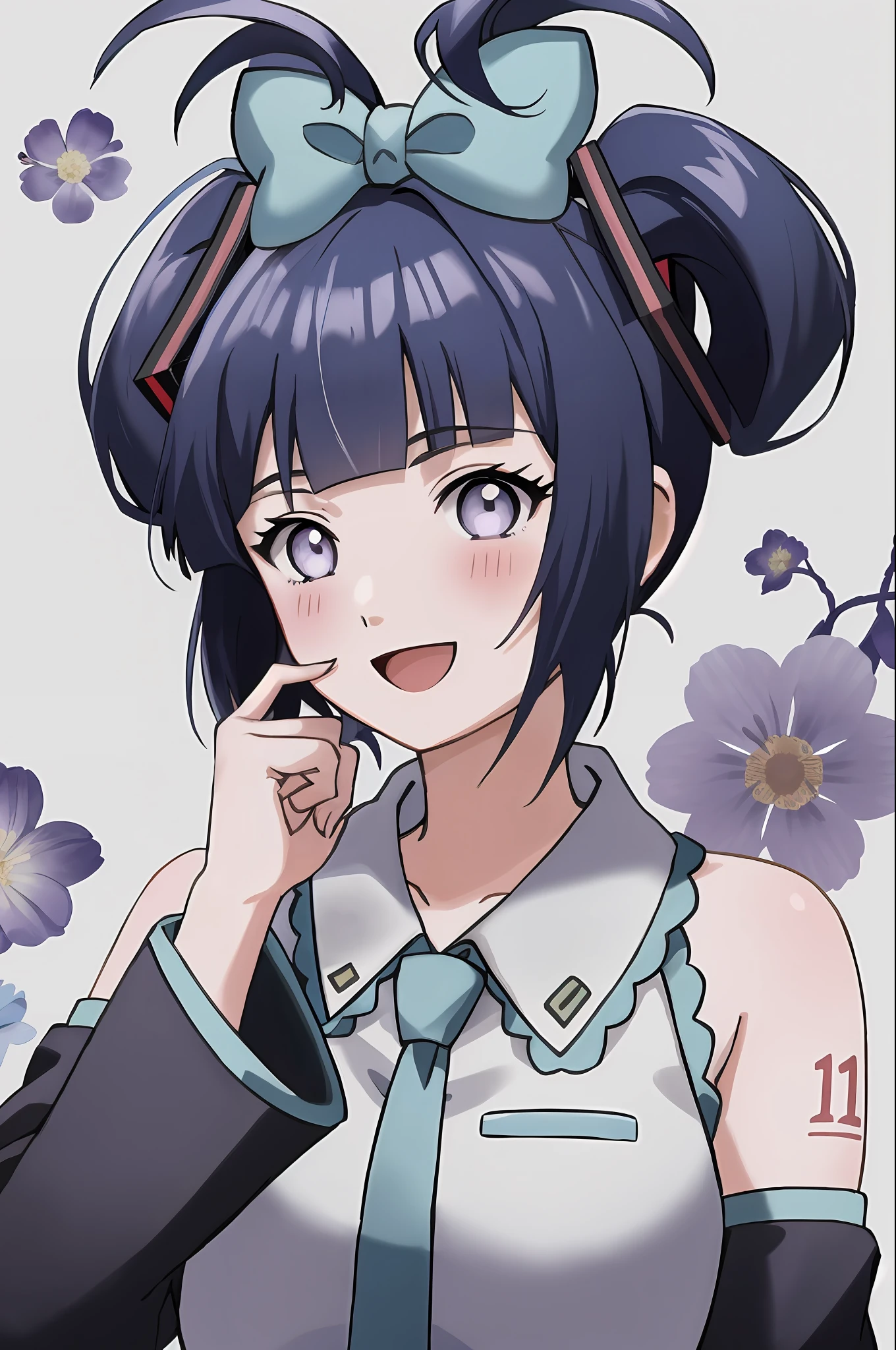 cinnamiku, short hair, upper body, smile, blush, :D, posing, full body, floral background, (blunt bangs:1.3), (dark blue hair:1.3), purple eyes, hinata\(shippuden\)