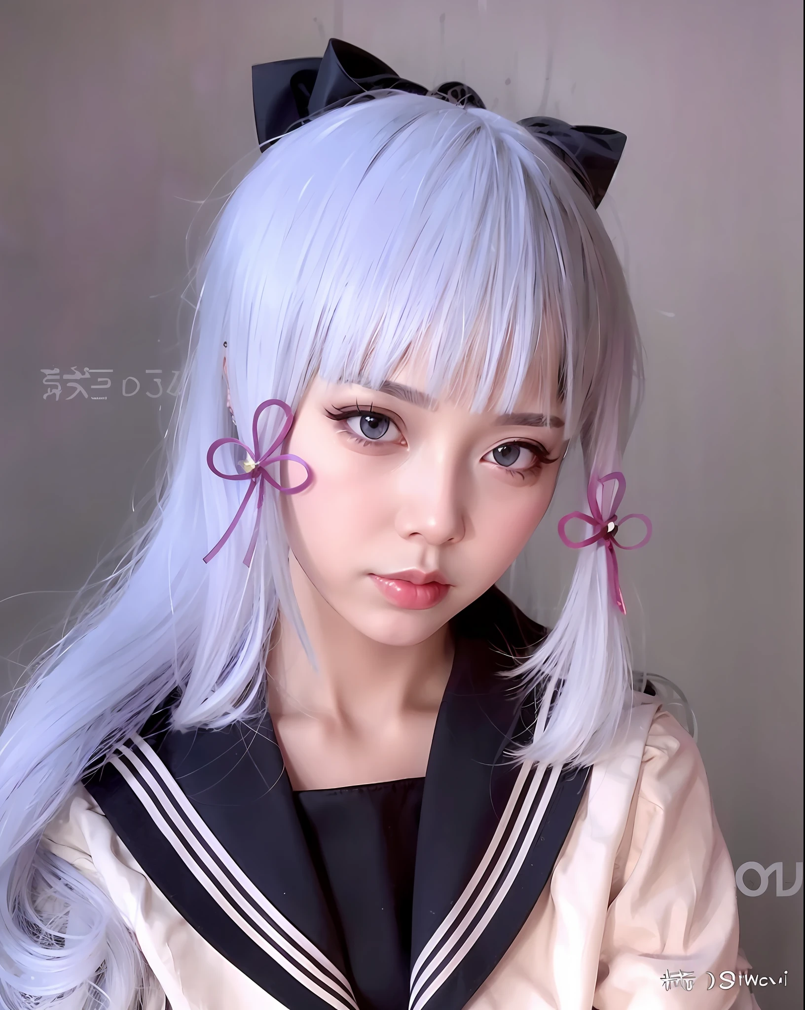 arafed image of a woman with a white hair and a black and white dress, white hime cut hairstyle, anime girl cosplay, girl silver hair, Beautiful Delfin, long white hair and bangs, silver hair (ponytail、), Shikamimi, anime girl in real life, light gray long hair, silver hair girl, Long White Hair, Anime cosplay --auto