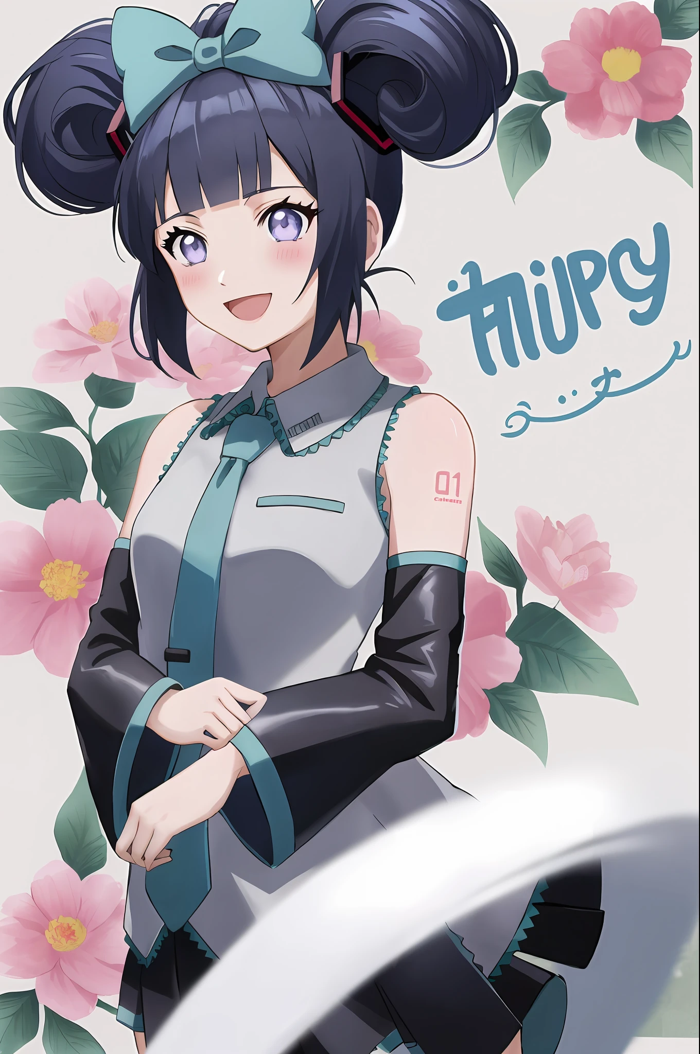 cinnamiku, short hair, upper body, smile, blush, :D, posing, full body, floral background, (blunt bangs:1.3), (dark blue hair:1.3), purple eyes, hinata\(shippuden\)