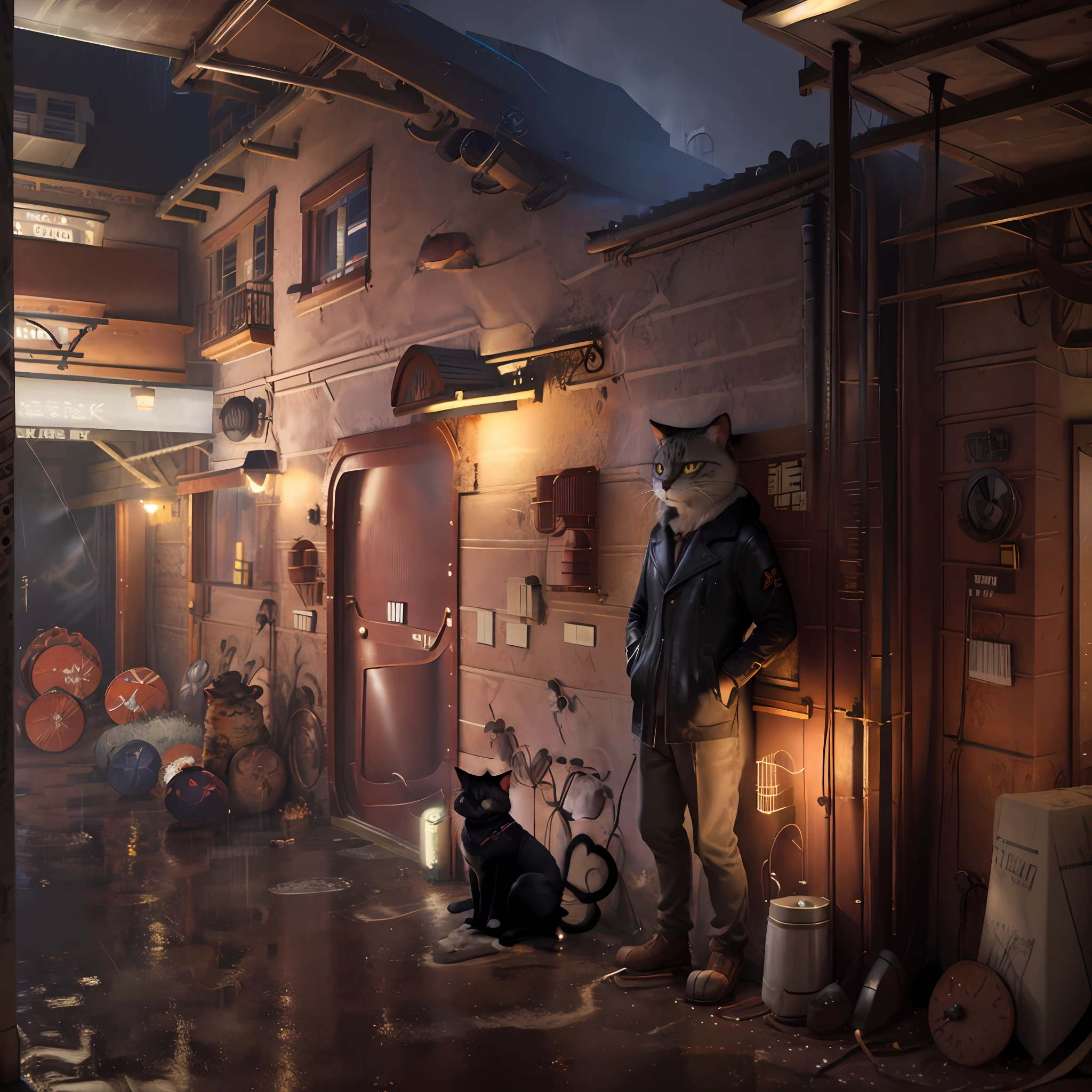 ((furry, anthropomorphic cat, best quality: 1.2)), anthropomorphic cat face, ((furry)), (soft colors: 1.2, dark studio, rim lighting, two-tone lighting, dim light, low tone, ), ((heavy rain weather)), long leather raincoat, a poster for a \(style\) of the 1930s, noir detective film, (noir atmosphere:1), dark atmosphere, city night street, emphasis on color noir, Nestilo furry Disney, High Detail, Surrealism, cinematic lighting, high details, high quality, close up, Disney stile