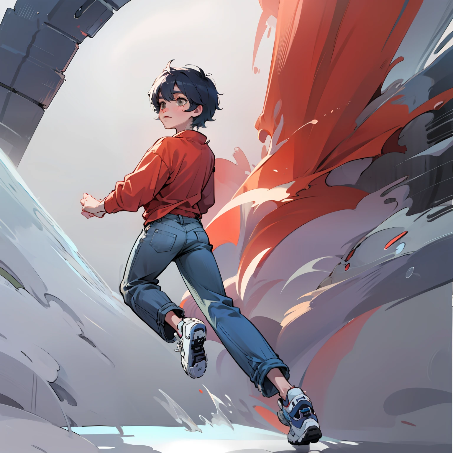 8k，1boy，The boy，Running back，Black Short Hair，blue jeans pant，Gray sneakers，red coat，The back is exposed，All body，The run，back view，best picture quality，super high res，WHITE BACKGROUND，Portraits