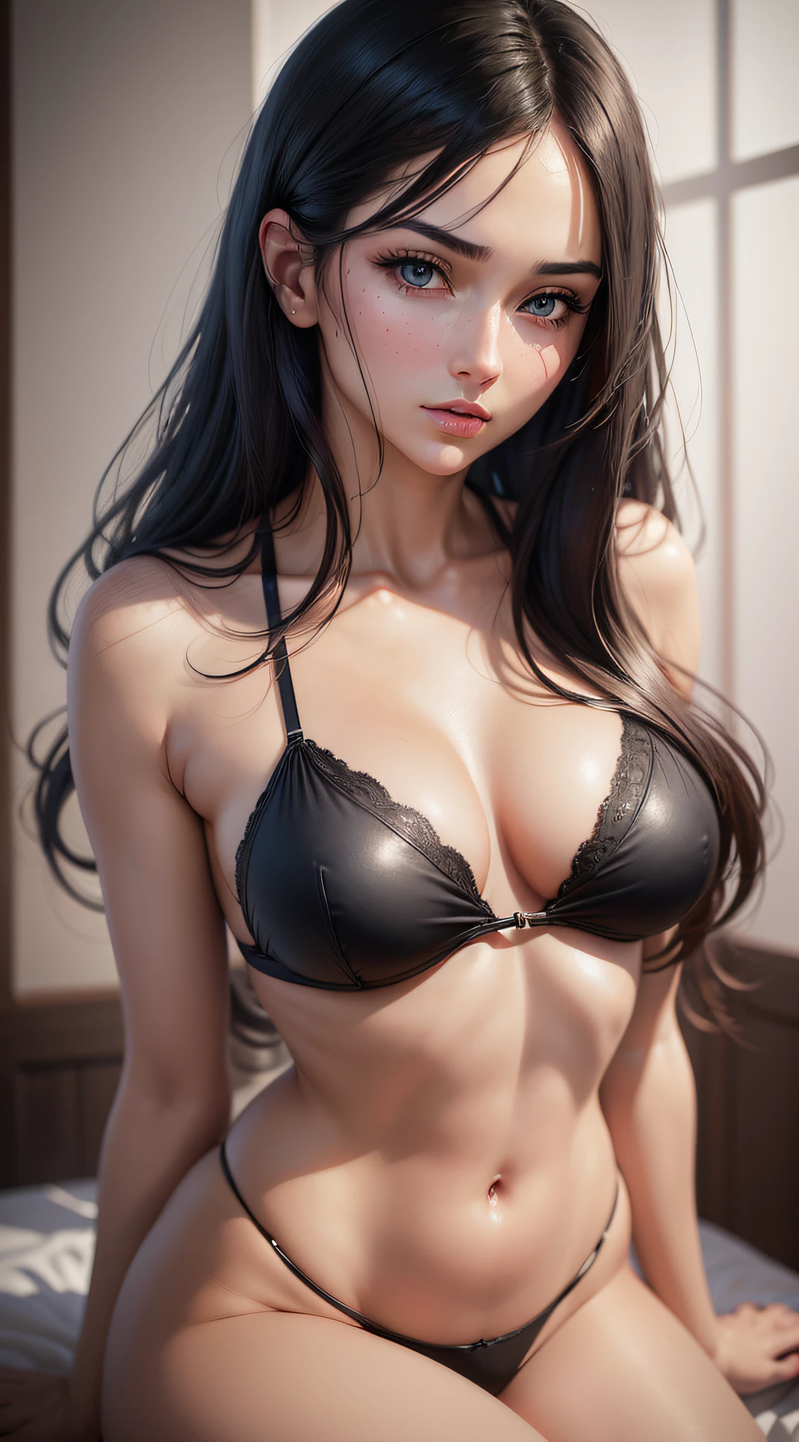 hyper-realistic female face photo, hyper-realistic face delicate soft stroke, (harmonious face delicate soft features), harmonious square type face, blue maya eyes, black hair, defined silky straight hair, medium length hair, detailed delicate mouth, extra big close-up detail plan, third person look, (Photogenic), firm round bust of medium measurements, flat flat negative CHAPADO soft strokes, Harmonious slender firm butt in inverted heart shape, medium butt, smooth waist slender female soft features, body details smooth smooth slender, harmonious body, harmonious body structure, wearing Bikini Panties LACE THREAD
, (((hyper-realistic photo))), shutter f/1.4 1/10 sec, sexual soft light, ((best quality)), ((masterpiece)), ((hyper-realistic photo)), (detailed) Task completed 96% --auto --s2