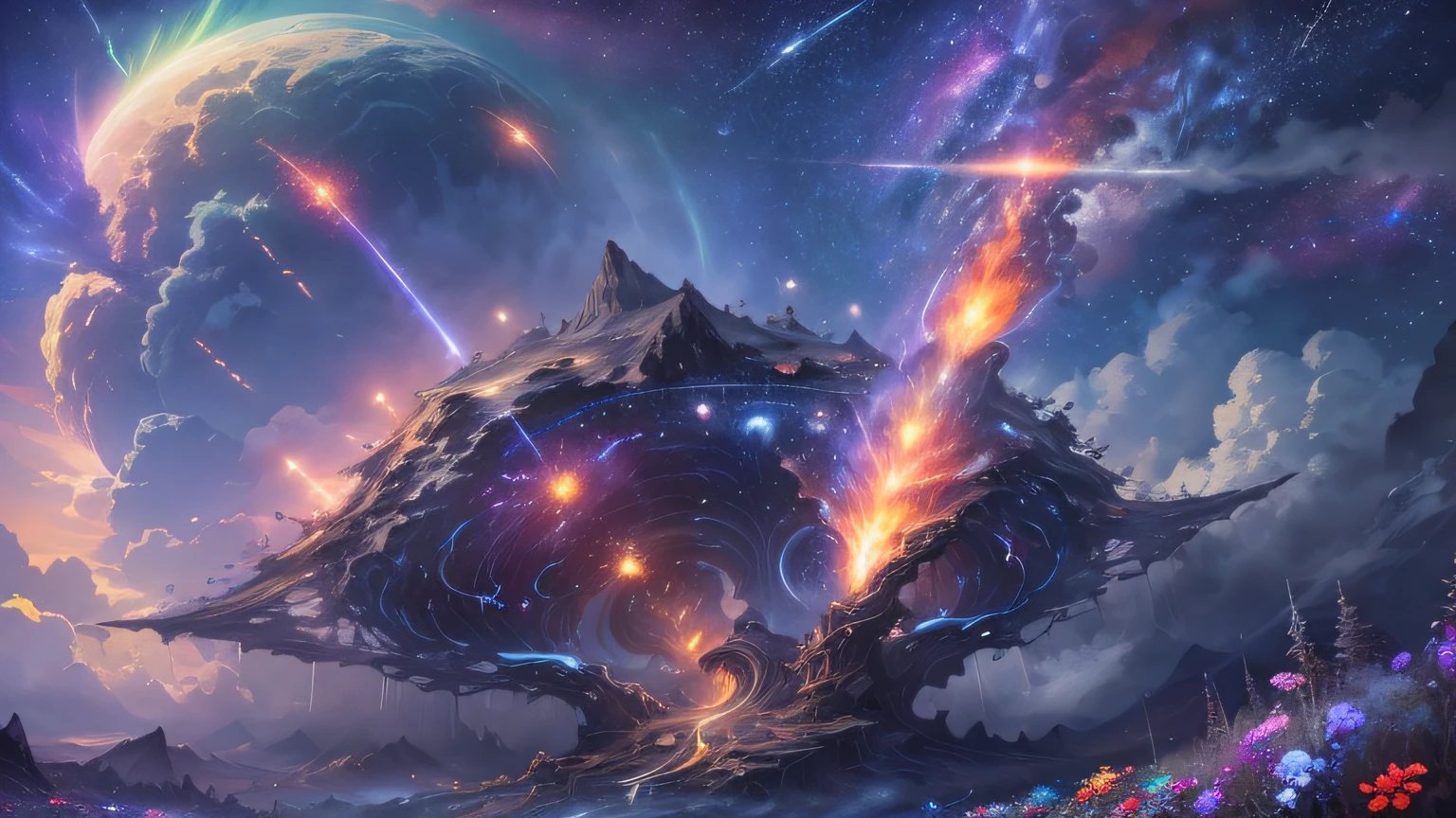 (zoomout:1.1), (meteor rain:1.2), (Comet:1.1), low angl, aroura borealis, shooting star, cloud, colorful,, star lit sky, stars, NIGHT、, A flowery field, flower blossom, night sky ,, beautiful flowers, night theme, surrealism(photohyperrealistic), highdetailed, From Below, From Below, Hyperrealism, Impressionism, best quarity, MASTERPIECE,, UHQ, Retina, prizewinning, 4K, Anatomically Correct, super-detail