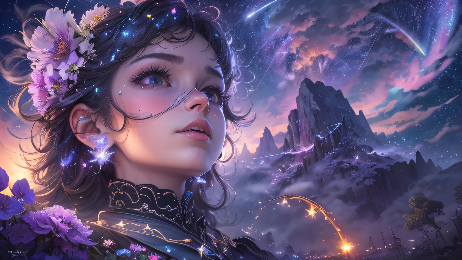 (zoomout:1.1), (meteor rain:1.2), (Comet:1.1), low angl, aroura borealis, shooting star, cloud, colorful,, star lit sky, stars, NIGHT、, A flowery field, flower blossom, night sky ,, beautiful flowers, night theme, surrealism(photohyperrealistic), highdetailed, From Below, From Below, Hyperrealism, Impressionism, best quarity, MASTERPIECE,, UHQ, Retina, prizewinning, 4K, Anatomically Correct, super-detail