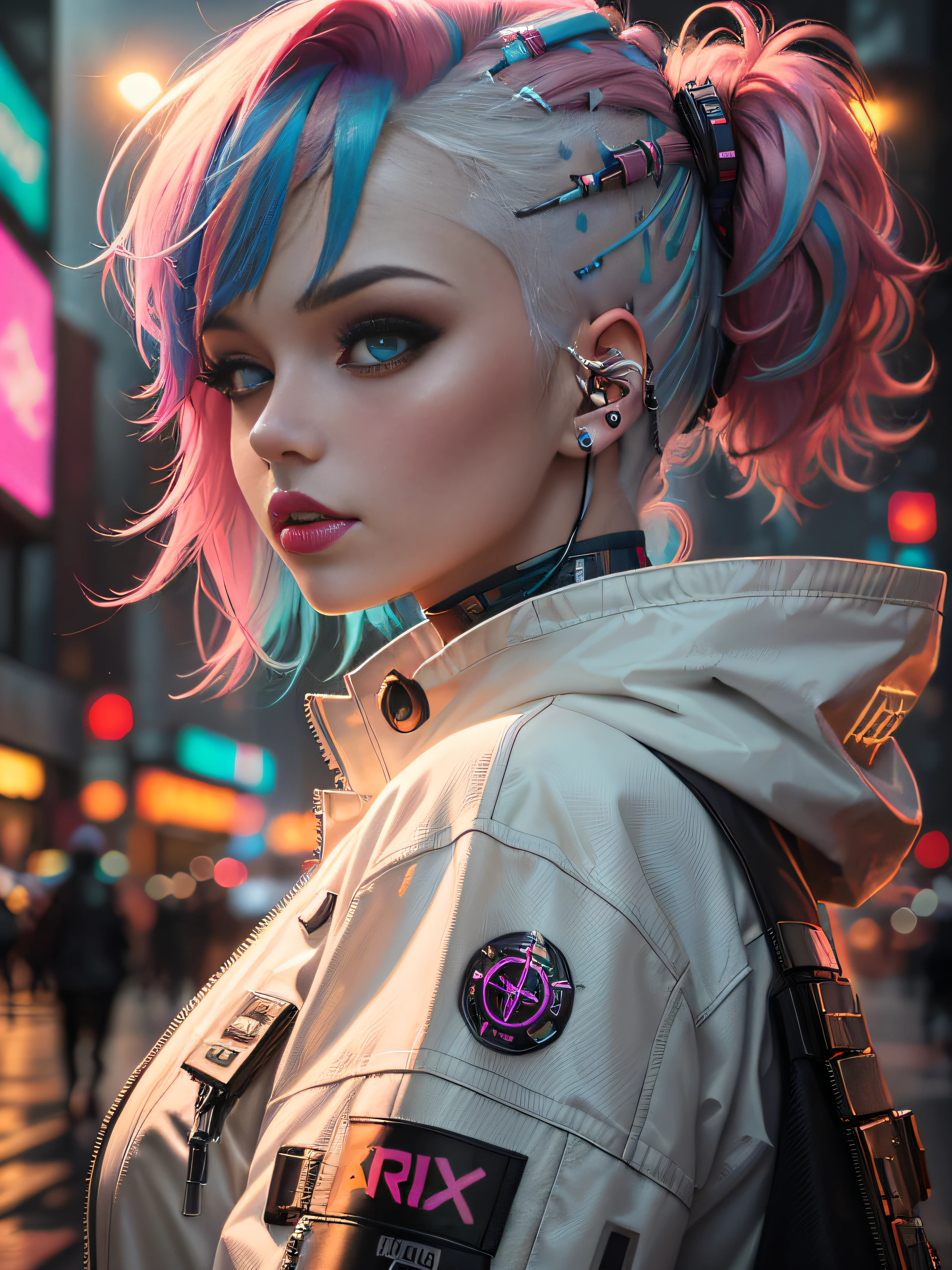arafix is a girl with pink hair and a jacket, The ultra-realistic cyberpunk style, dreamy cyberpunk girl, cyberpunk beautiful girl, cyberpunk vibe, cyberpunk vibe, beautiful cyberpunk girl face, cyberpunk artstyle, bright cyberpunk glow, the cyberpunk girl portrait, cyberpunk anime girl, cyberpunk 2 0 y. o model girl, Cyberpunk Style ， photohyperrealistic, female cyberpunk anime girl