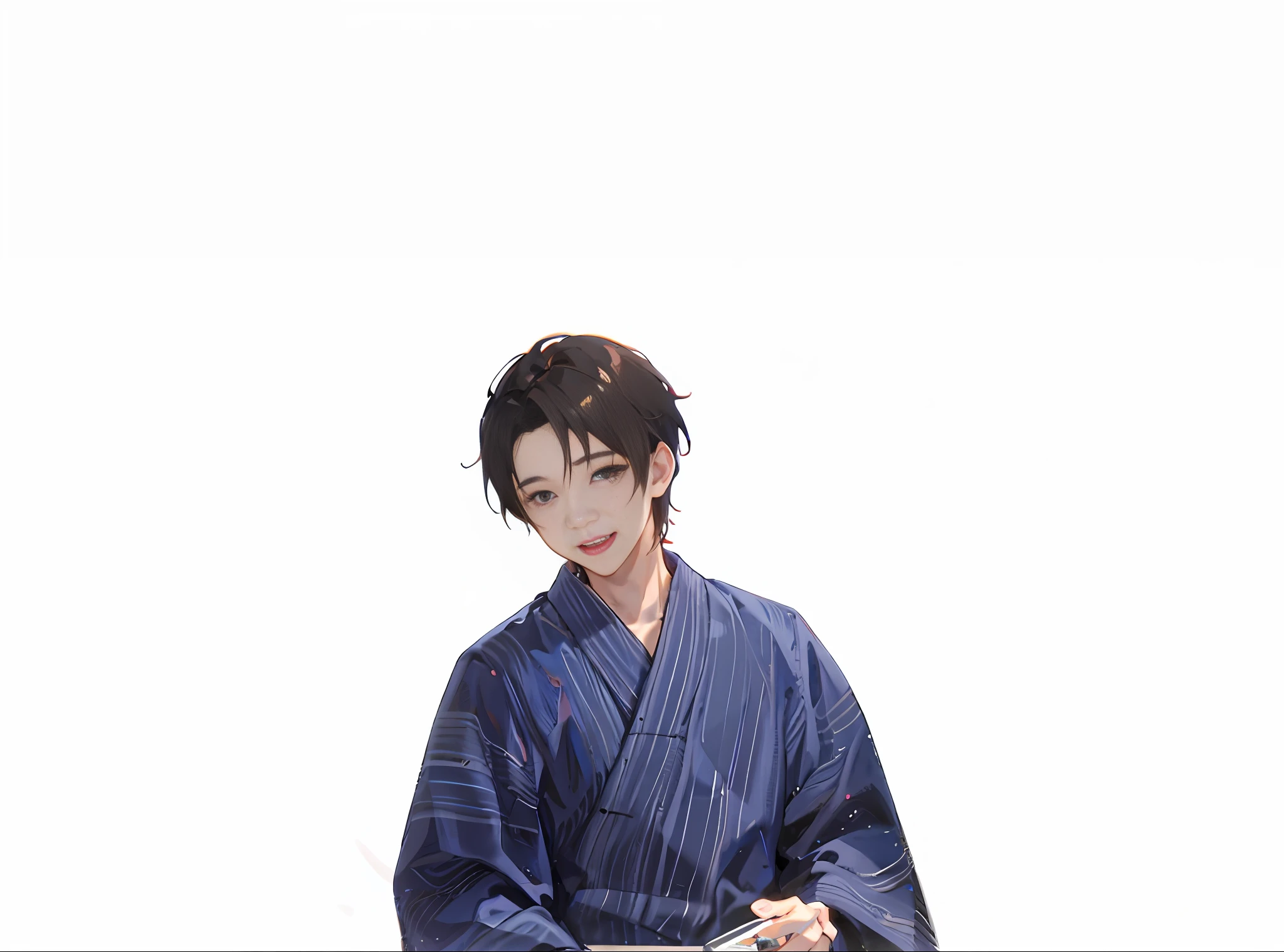 1boy,The most handsome man , open forehead, dark short hair,Long sleeve、Camisa、yukata, dark brown eyes, Smiling、 Watch your audience, male focus, -、、、、, solo、、、、、、、、、、、、、、hair messy, Trending on ArtStation, 8k解像度, Highly detailed and anatomically correct, sharp image, Digital painting, Concept art, trending on pixiv, style of makoto shinkai,