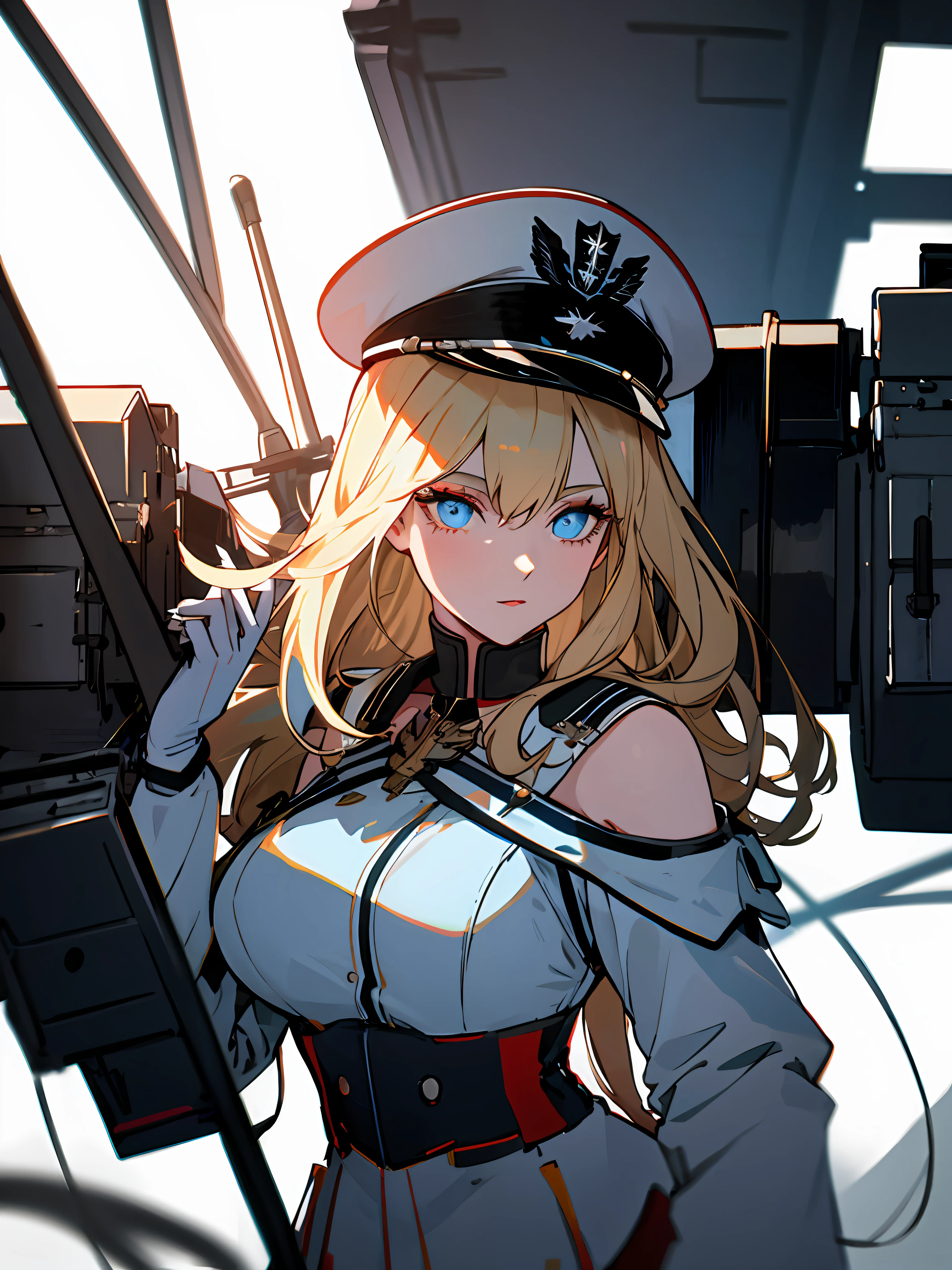 (Masterpiece:1.2), best quality, (illustration:1.2), (ultra-detailed), hyper details, (delicate detailed), (intricate details), (cinematic light, best quality Backlights), clear line,  solo female, perfect body, (1girl), blonde hair, glowing blue eyes, (bismarck \(azur lane\) a woman wearing a black wehrmacht_outfit holding a sword, medal on left shoulder, wehrmacht_hat, white glove, carrying rigging_machine, turrets_equipped on the rigging_machine), ((makeup)), high contrast, (best illumination, an extremely delicate and beautiful), ((cinematic light)), colorful