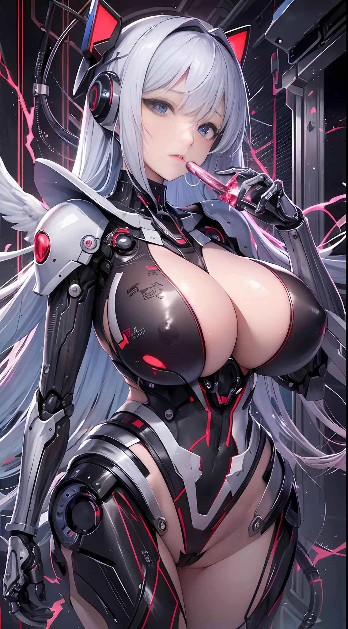 (Masterpiece、,topquality,best qualit,official arts,Beautiful and indulgent:1.2),(1个女孩:1.3),Very Detail,colourful,Supreme detail((is super detailed)),(highly detailed CG illustrations),(Very refined and beautiful)),(Huge robot background)(from front),(all body),cinematic light,(((2个机器人女孩)),(angelic),(aura),solo,all body,(Mechanical joints:1.2),((mechanical limbs)),(The blood vessels are connected to the tube),(Mechanical vertebrae attach to the back), ((mechanical cervical spine attached to the neck)), Poker face, (Wires and cables are attached to the neck: 1.2), (Wires and cables are attached to the neck: 1.2), (character focus), (The lower body is integrated with the mechanism), (cum in tits), (titjib),(big tits),(tit shake)(a lot of tentacle insertion)(Sexual Equipment Man),(乳溝),(Large Tits) (laser),(bukkake),(cum in face),(,,),Science fiction, WHITE BACKGROUND, (Blood,,,,,,,: 1.5) --auto --s2