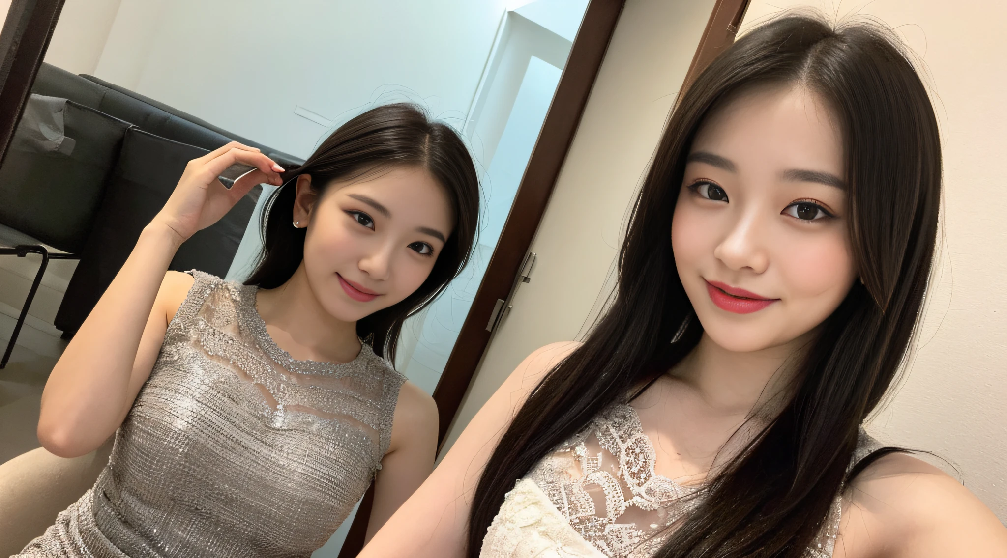 (best quarity, 8k, master masterpiece:1.3)) ，（a human：1.4），1girl，A Korean woman，A goddess，（15岁少女：2.1），portrait photography，High Contrast， God's eye view，光圈F1.2，焦距24mm，（ All body：1.2），Sorrisos，Pose for a photo，Exquisite lace，slip dress，Simple cut dress，Branded dresses，Simple tailoring，long dark hairs，hair tied，Ultra-detailed skin details，Detailed fabric texture