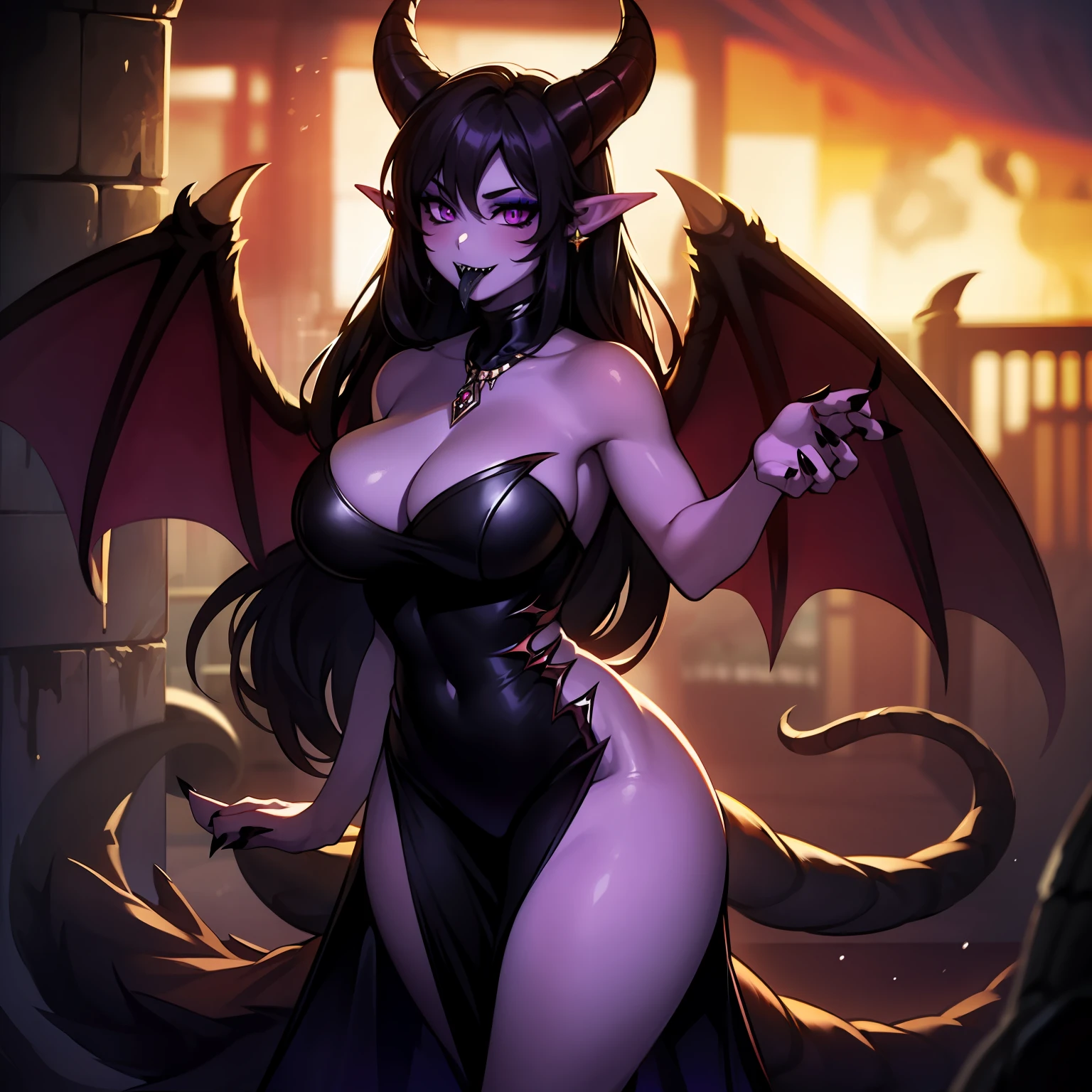 1girl, solo, big breasts, demon, purple eyes, sharp teeth, long pointy black nails, long straight hair, black hair, purple horns, black lipstick, elf ears, diamond earrings, purple necklace, light purple tail, cinematic lighting, cat eyes, demon wings, horns, black lips, makeup, black makeup, pointy nails, black nails, demon horns, long tongue, dragon wings, purple dragon wings, pale skin, tail