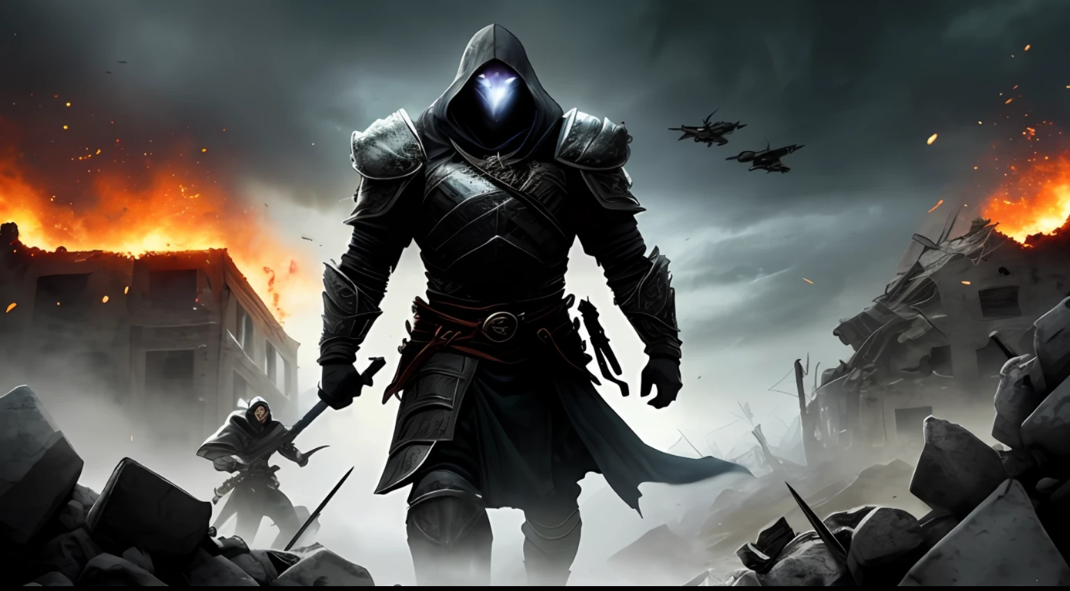 Setting:, The battle takes place in a dark and sinister location, shrouded in mist and darkness., The environment is punctuated by rubble and debris from previous battles, creating an atmosphere of desolation and despair., Preparation:, The heroes gather strategically, drawing up plans to face the imminent threat., They equip themselves with powerful weapons and armor, reflecting their determination and readiness for battle., Resurrection of Malachai:, Malachai, the supreme villain, rises from the shadows with renewed power., He emanates a dark and sinister aura, shrouded in dark flames that consume everything around him., Epic confrontation:, The battle unfolds amid explosions of magic and powerful attacks., The heroes show courage and extraordinary abilities as they fight to defeat Malachai., face-to-face, modern, cinematic lighting, reflection light, atmospheric perspective, UHD, anatomically correct, super detail, 1080P, 8k