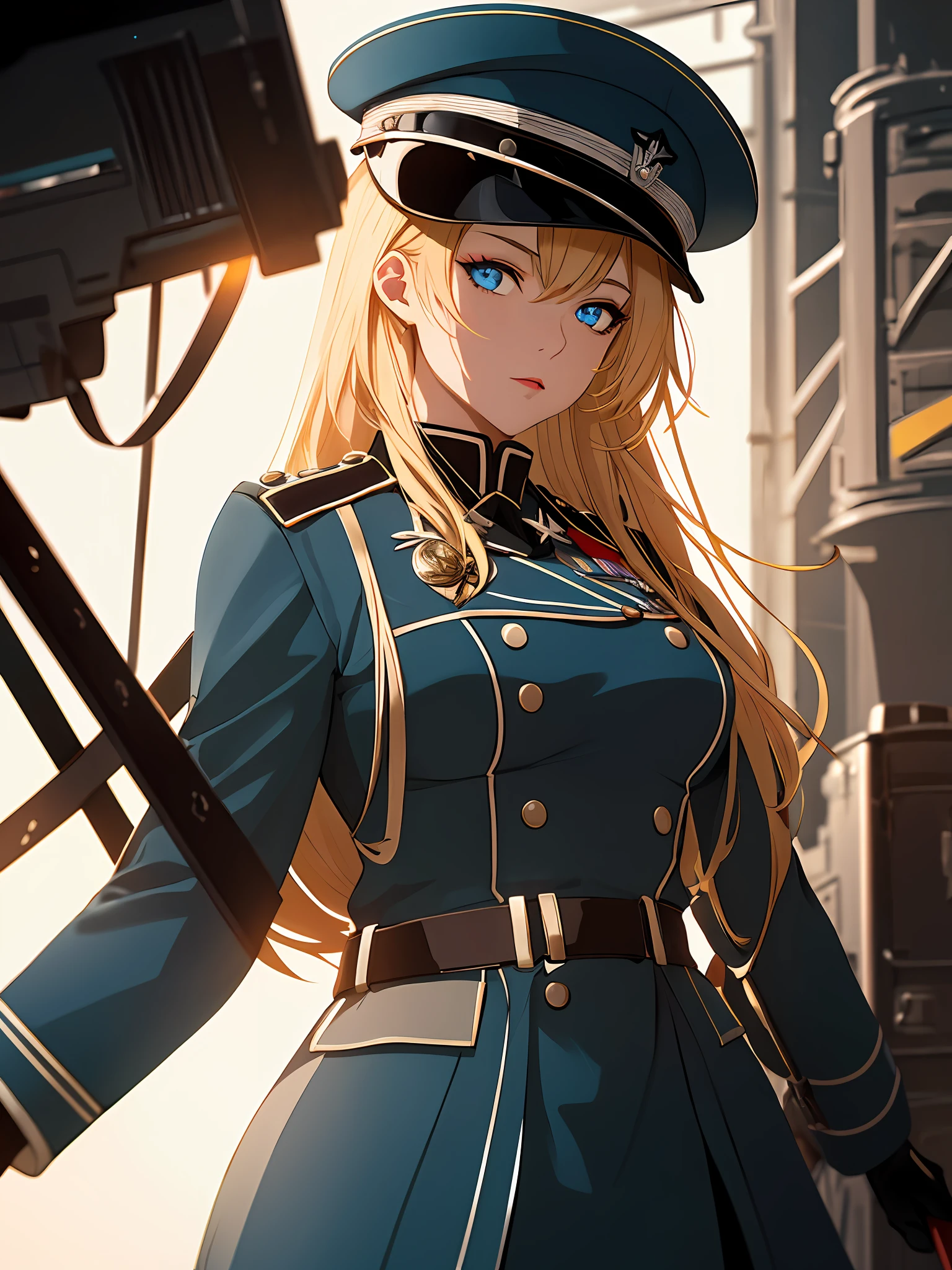 (Masterpiece:1.2), best quality, (illustration:1.2), (ultra-detailed), hyper details, (delicate detailed), (intricate details), (cinematic light, best quality Backlights), clear line, solo female, perfect body, (1girl), blonde hair, glowing blue eyes, (bismarck \(azur lane\) a woman wearing a black wehrmacht_outfit holding a sword, medal on left shoulder, wehrmacht_hat, white glove, carrying rigging_machine, turrets_equipped on the rigging_machine), ((makeup)), high contrast, (best illumination, an extremely delicate and beautiful), ((cinematic light)), colorful