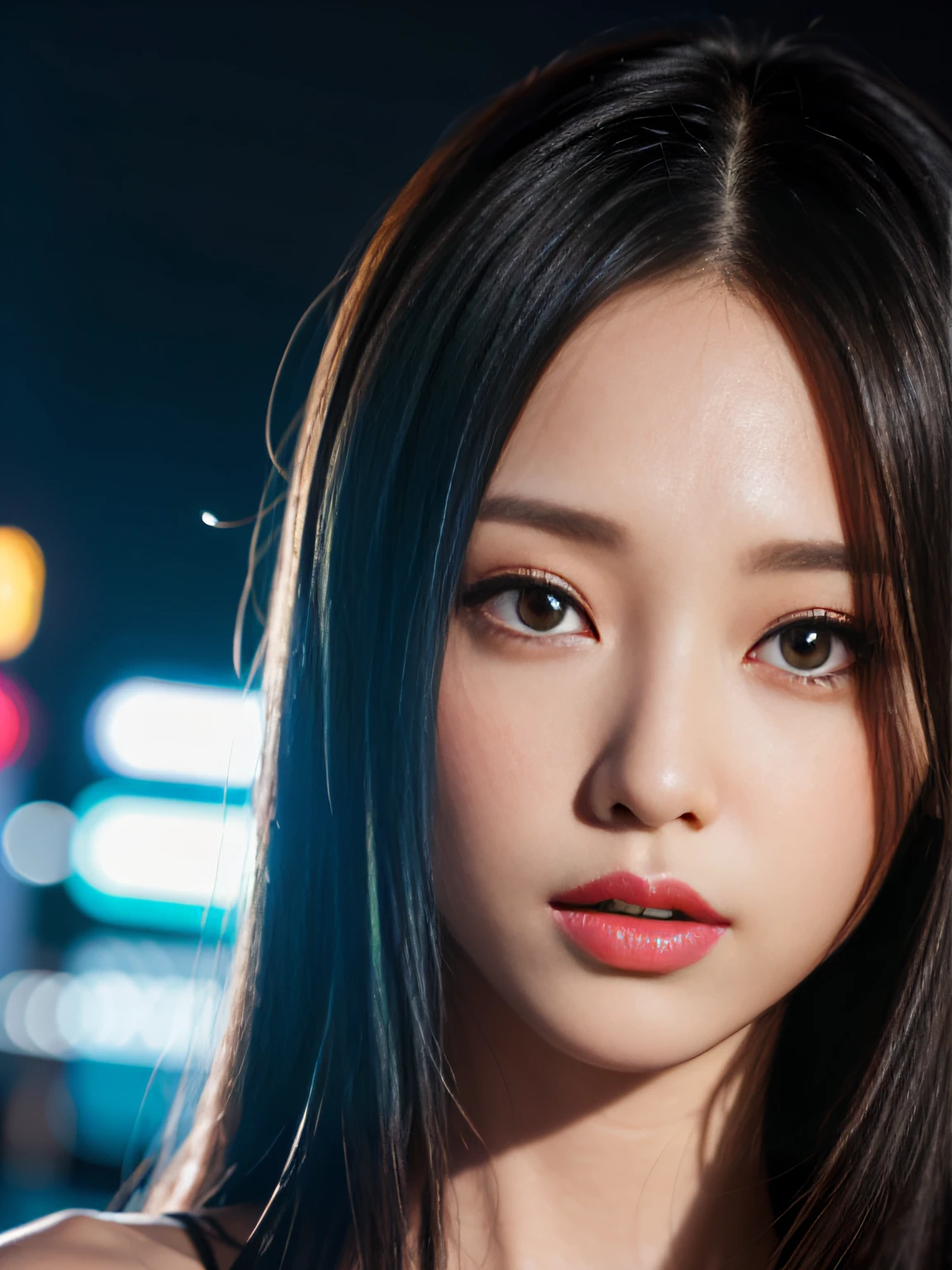 A girl, long hair, half picture, city, future, science fiction, black silk, shorts, night scene, midnight, blue light, neon, night, face close-up, delicate features, beautiful girl, beauty, charming,fashi-girl,red lips,realistic,makeup,