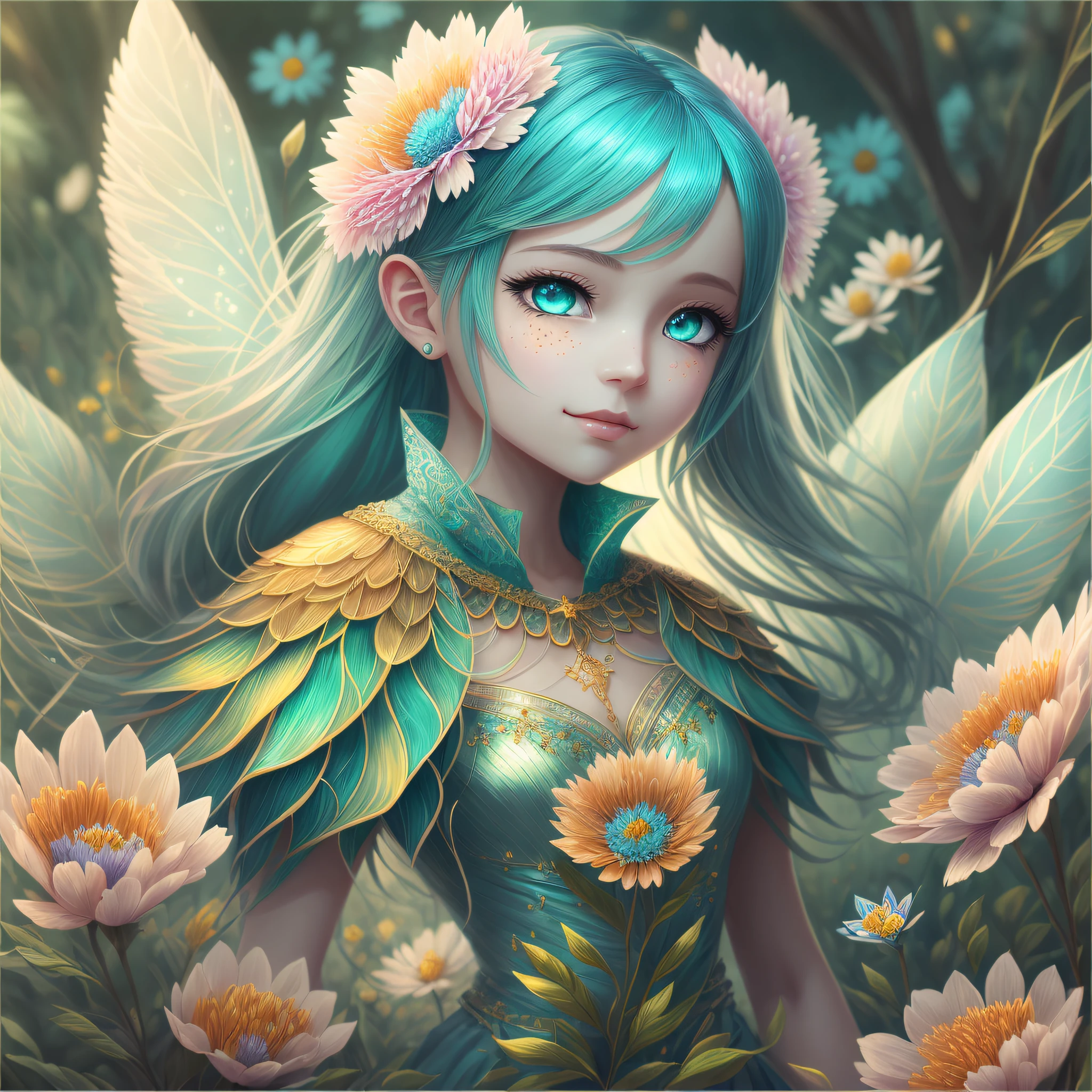 there is a woman with blue hair and a green dress in a field of flowers, Retrato da fada, detailed digital 2d fantasy art, digital 2d fantasy art, arte digital detalhada bonito, Retrato de uma fada, estilo de arte de fantasia, arte digital de fantasia detalhada, epic fantasy art style hd, anime fantasy illustration, 2. 5 d cgi anime fantasy artwork, fada bonita