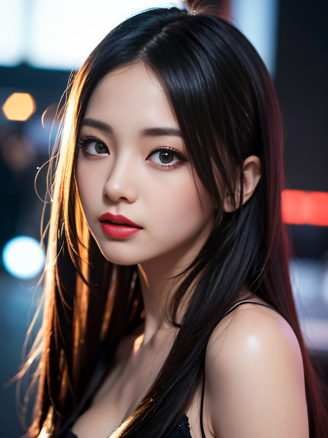 A girl, long hair, half picture, city, future, science fiction, black silk, shorts, night scene, midnight, blue light, neon, night, face close-up, delicate features, beautiful girl, beauty, charming,fashi-girl,red lips,realistic,makeup,