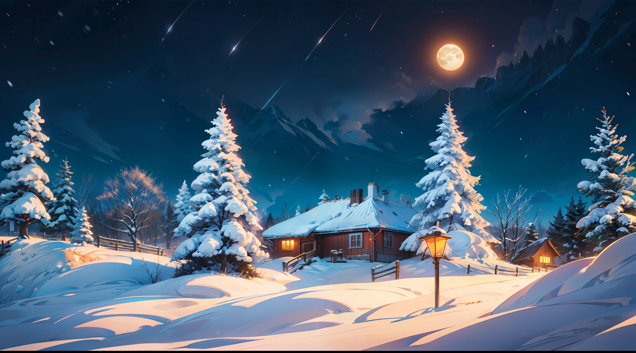 Snowy night view, background artwork, winter night, winter concept art, moonlight snow, 4k highly detailed digital art, snowy night, winter scene fantasy, 4k detailed digital art, beautiful art uhd 4 k, beautiful digital artworks, moonlight snowing, 4 k hd illustrative wallpaper, 3 0, 4 k hd wallpaper illustration